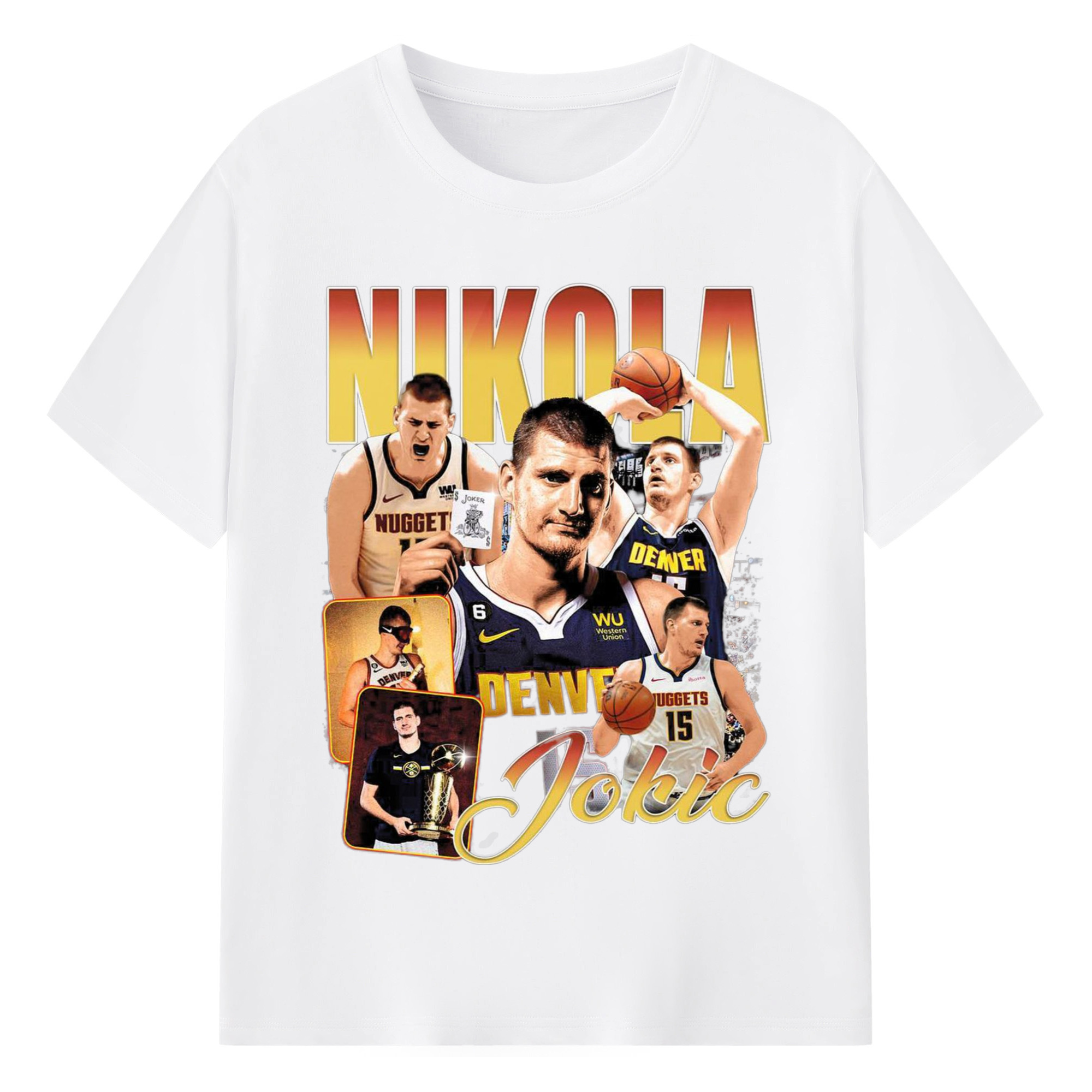 Nuggets  Nikola Jokic #15  collage T-shirt - 180g Cotton T-Shirt With Front Heat Transfer Print – Soft, Lightweight, Fitted Design – Comfortable Casual Wear For Sports & Everyday Use