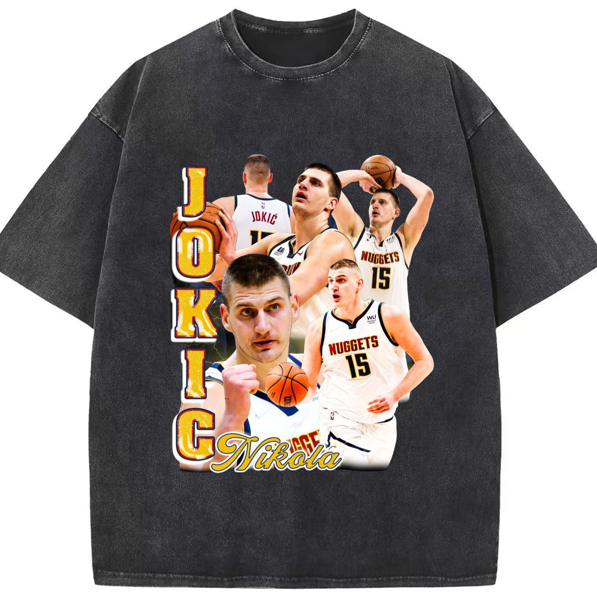 Nikola Jokic #15 Jersey collage T-shirt - Washed Vintage Look 230g Cotton Oversized T-Shirt With Front Heat Transfer Print – Soft, Lightweight, Stylish Fit – Comfortable Casual Wear For Sports & Everyday Use