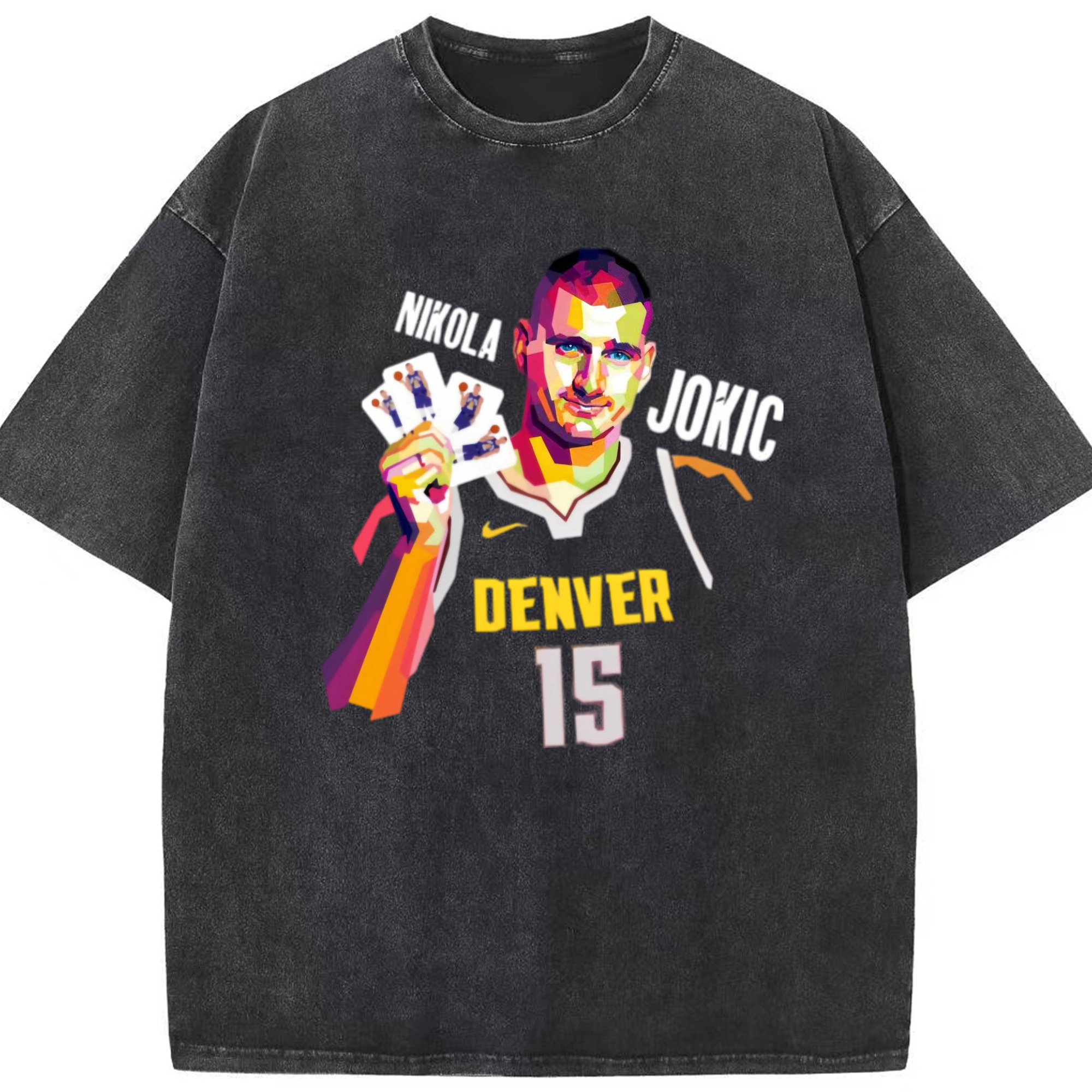 Nikola Jokić Nuggets Coloured drawing T-shirt - Washed Vintage Look 230g Cotton Oversized T-Shirt With Front Heat Transfer Print – Soft, Lightweight, Stylish Fit – Comfortable Casual Wear For Sports & Everyday Use