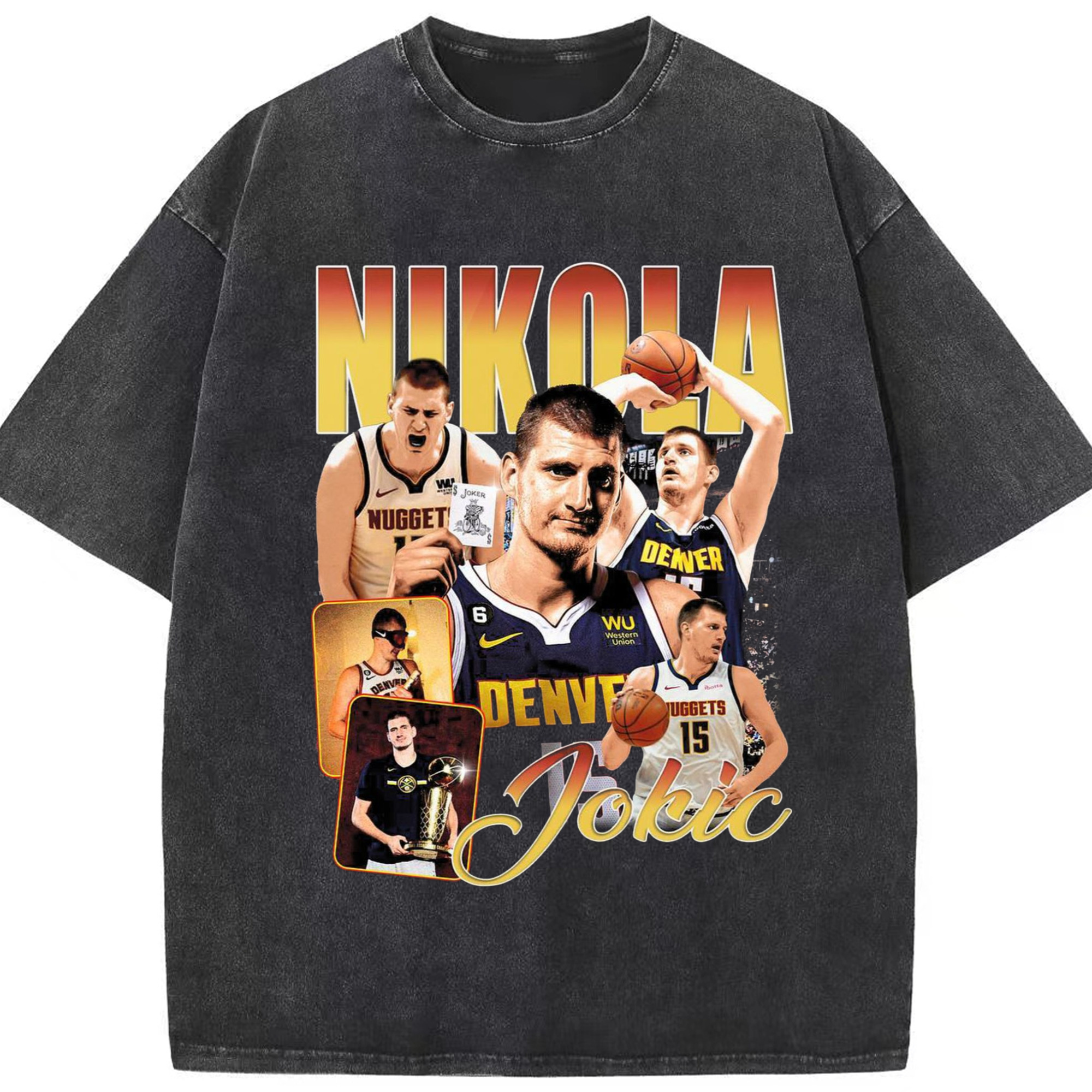 Nuggets  Nikola Jokic #15  collage T-shirt - Washed Vintage Look 230g Cotton Oversized T-Shirt With Front Heat Transfer Print – Soft, Lightweight, Stylish Fit – Comfortable Casual Wear For Sports & Everyday Use