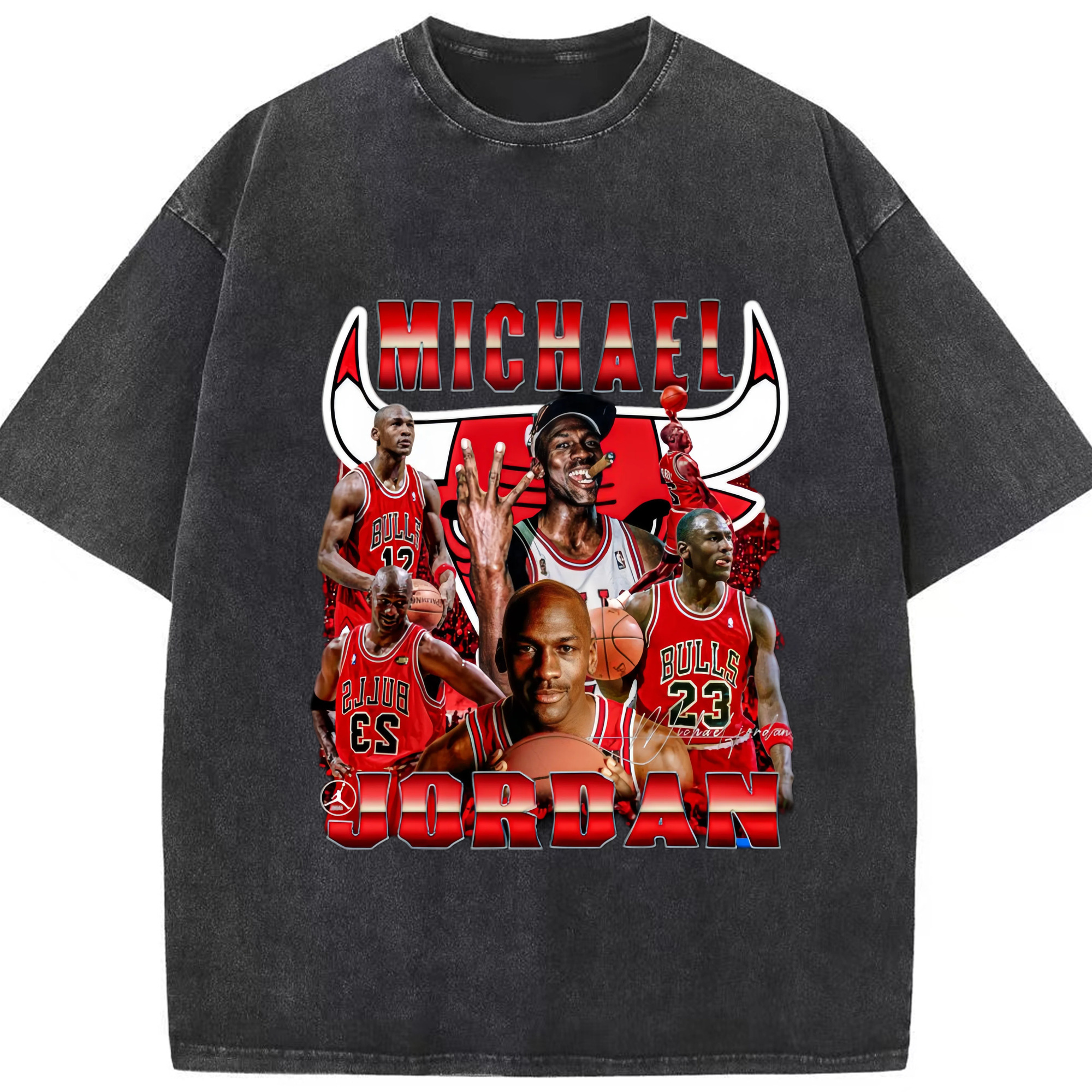 Bulls Michael Jordan #23 Collage graphic T‑Shirt - Washed Vintage Look 230g Cotton Oversized T-Shirt With Front Heat Transfer Print – Soft, Lightweight, Stylish Fit – Comfortable Casual Wear For Sports & Everyday Use