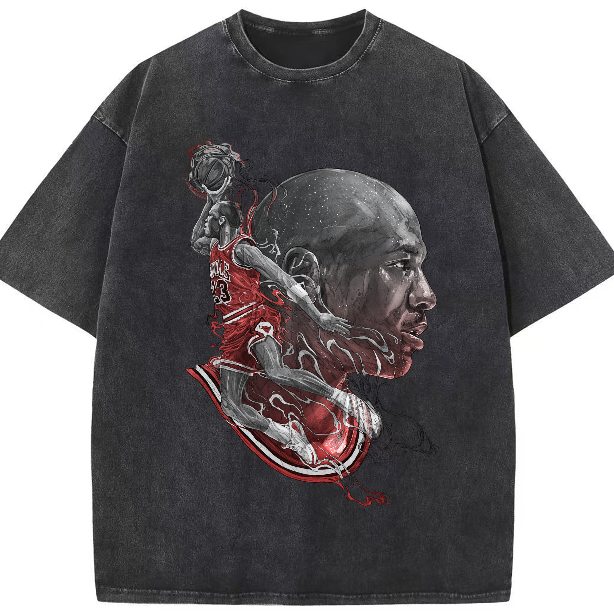 Michael Jordan Chicago legendary cartoon T‑Shirt - Washed Vintage Look 230g Cotton Oversized T-Shirt With Front Heat Transfer Print – Soft, Lightweight, Stylish Fit – Comfortable Casual Wear For Sports & Everyday Use