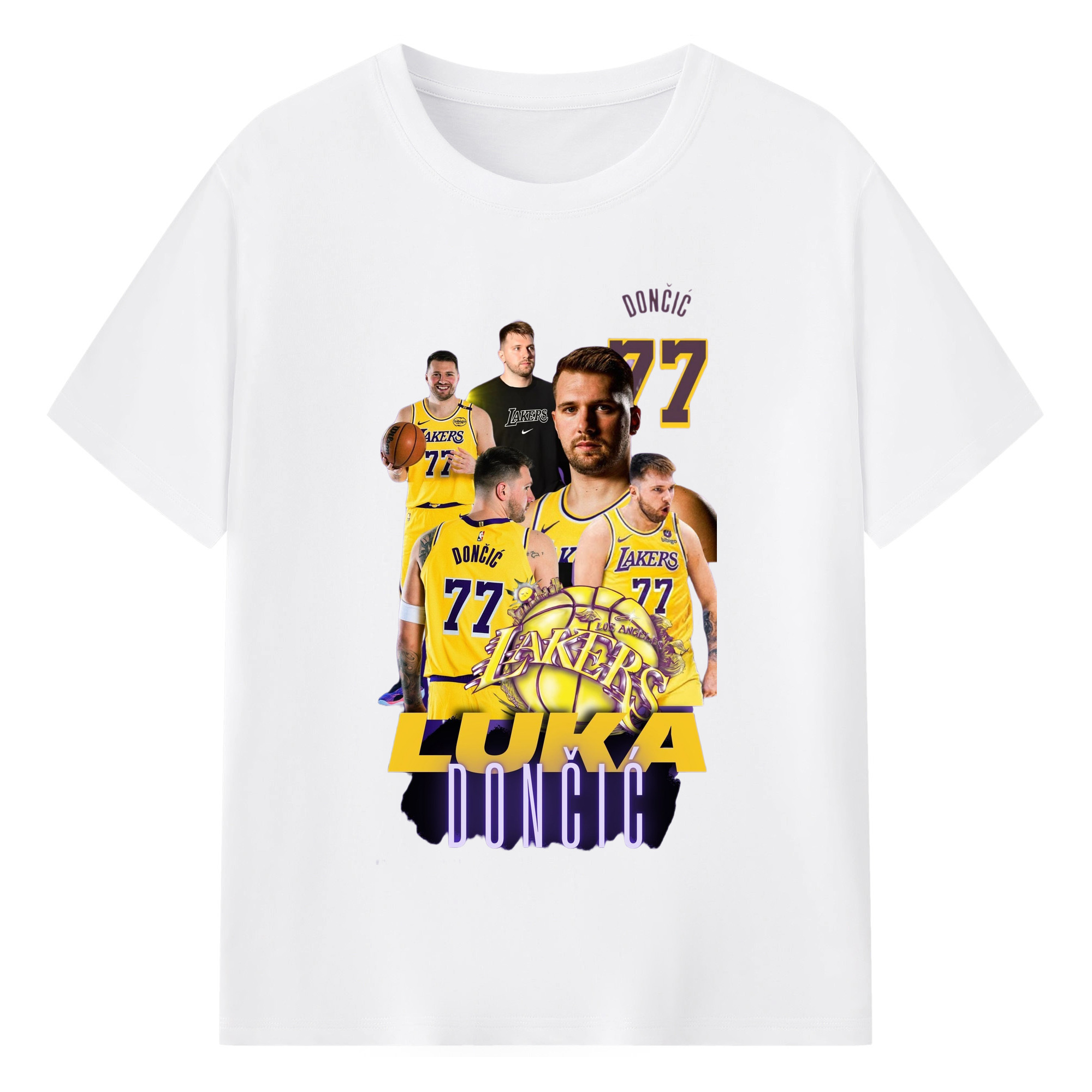 Luka Dončić Lakers #77 Collage graphic T‑Shirt - 180g Cotton T-Shirt With Front Heat Transfer Print – Soft, Lightweight, Fitted Design – Comfortable Casual Wear For Sports & Everyday Use