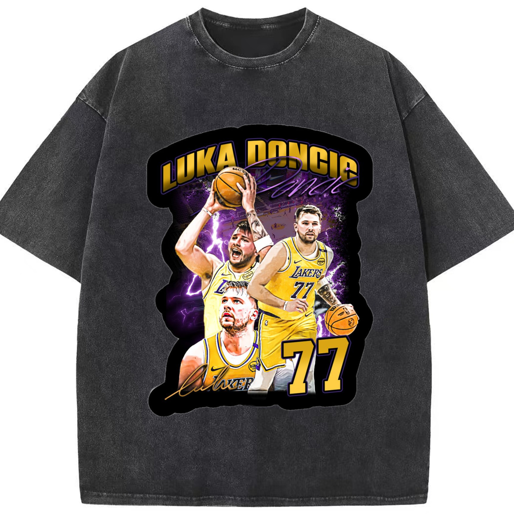 Luka Dončić Lakers #77 Collage icon T‑Shirt - Washed Vintage Look 230g Cotton Oversized T-Shirt With Front Heat Transfer Print – Soft, Lightweight, Stylish Fit – Comfortable Casual Wear For Sports & Everyday Use