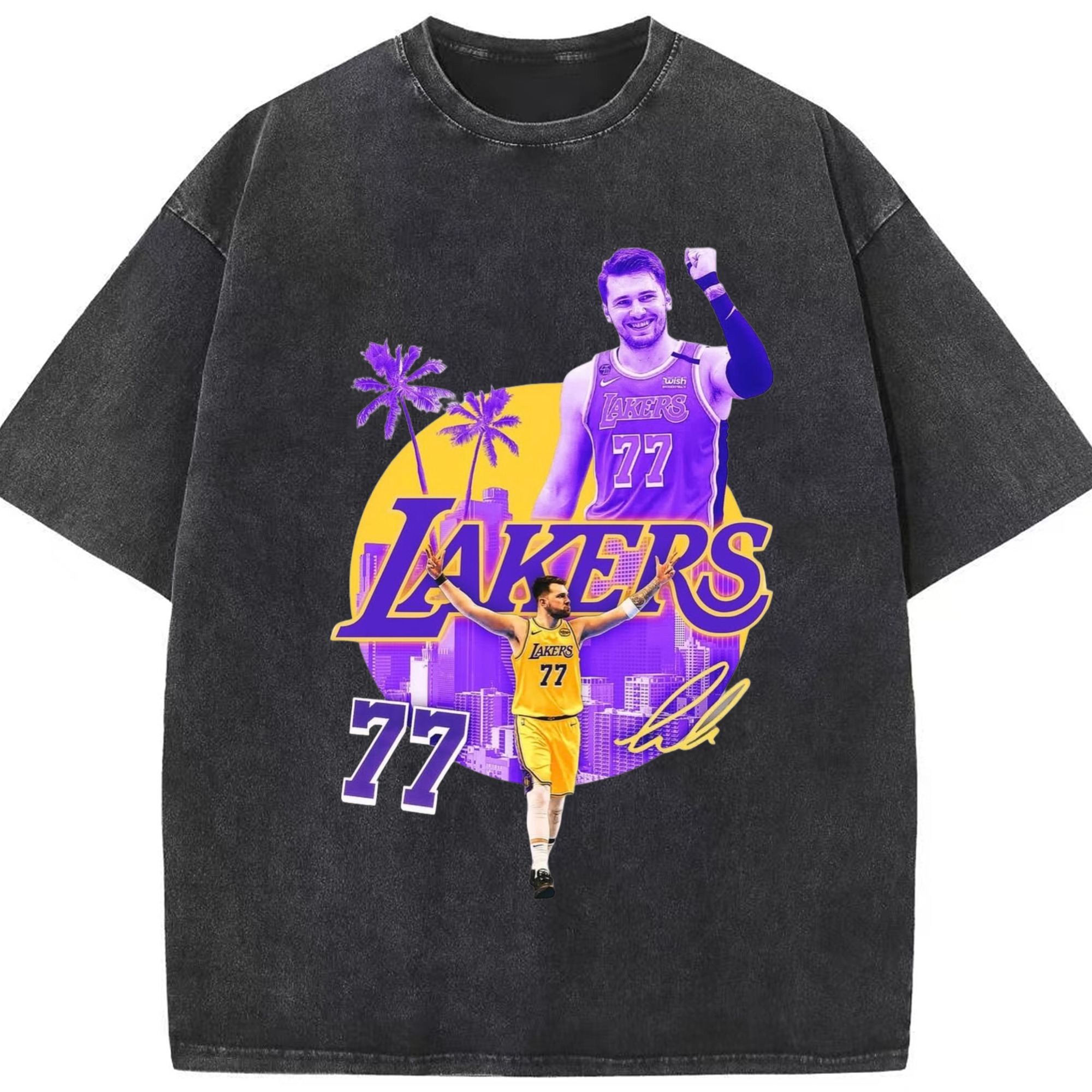 Luka Dončić Lakers #77  icon Tee - Washed Vintage Look 230g Cotton Oversized T-Shirt With Front Heat Transfer Print – Soft, Lightweight, Stylish Fit – Comfortable Casual Wear For Sports & Everyday Use