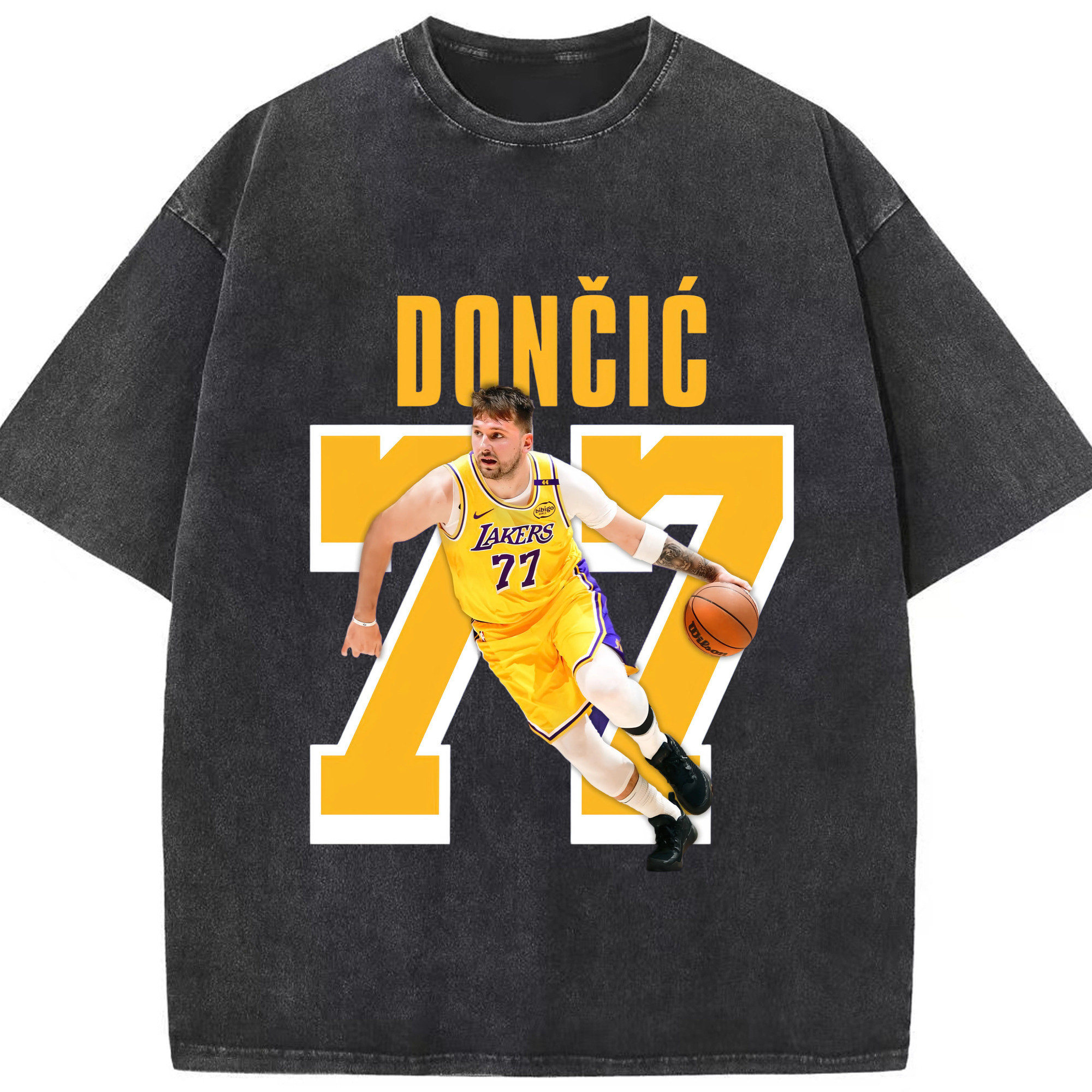 Lakers Luka Doncic #77 Shirt - Washed Vintage Look 230g Cotton Oversized T-Shirt With Front Heat Transfer Print – Soft, Lightweight, Stylish Fit – Comfortable Casual Wear For Sports & Everyday Use