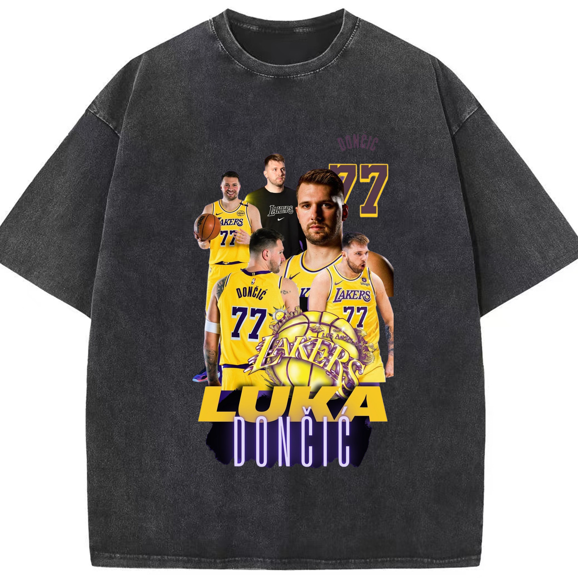 Luka Dončić Lakers #77 Collage graphic T‑Shirt - Washed Vintage Look 230g Cotton Oversized T-Shirt With Front Heat Transfer Print – Soft, Lightweight, Stylish Fit – Comfortable Casual Wear For Sports & Everyday Use