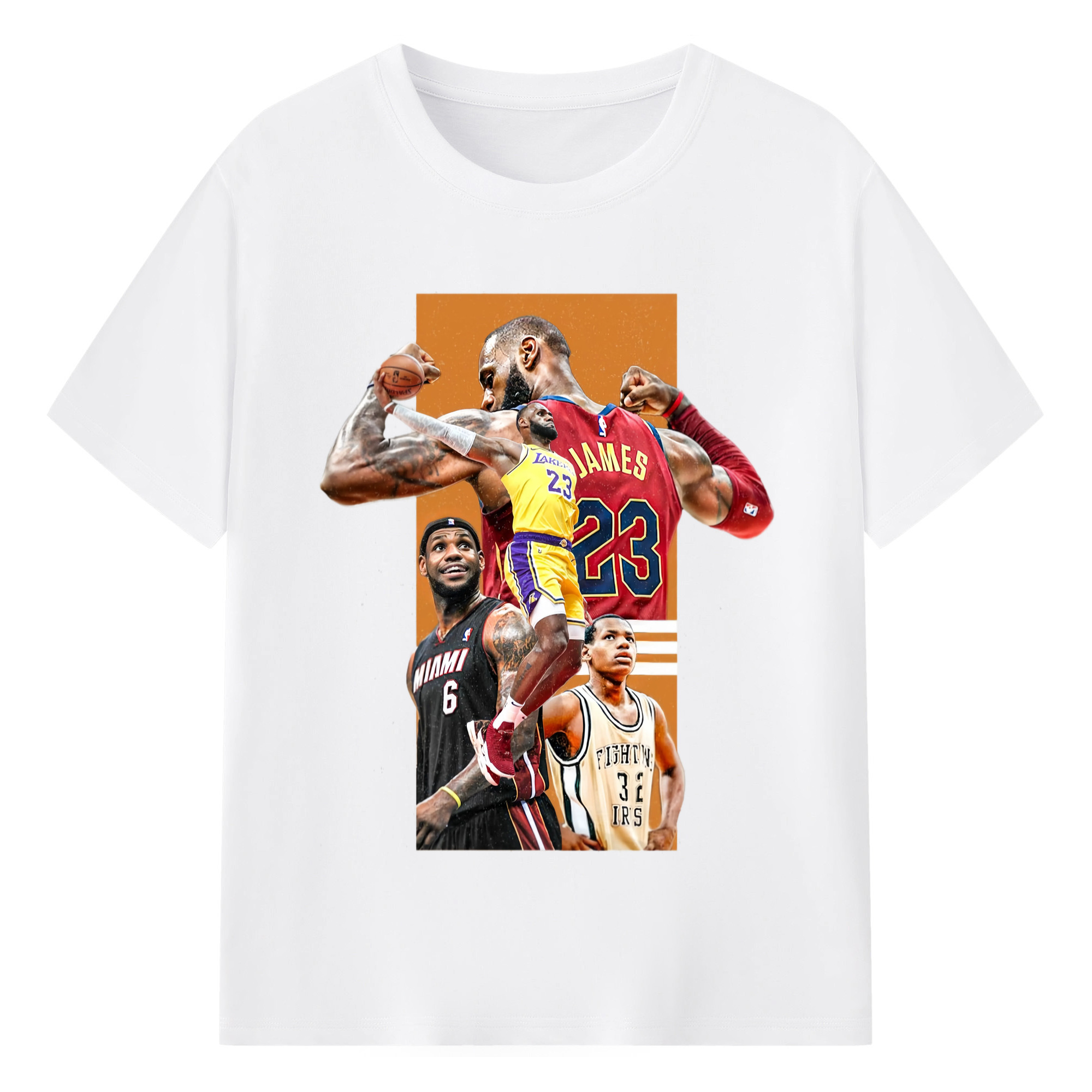 Lebron james Different teams  collage graphic T‑Shirt - 180g Cotton T-Shirt With Front Heat Transfer Print – Soft, Lightweight, Fitted Design – Comfortable Casual Wear For Sports & Everyday Use