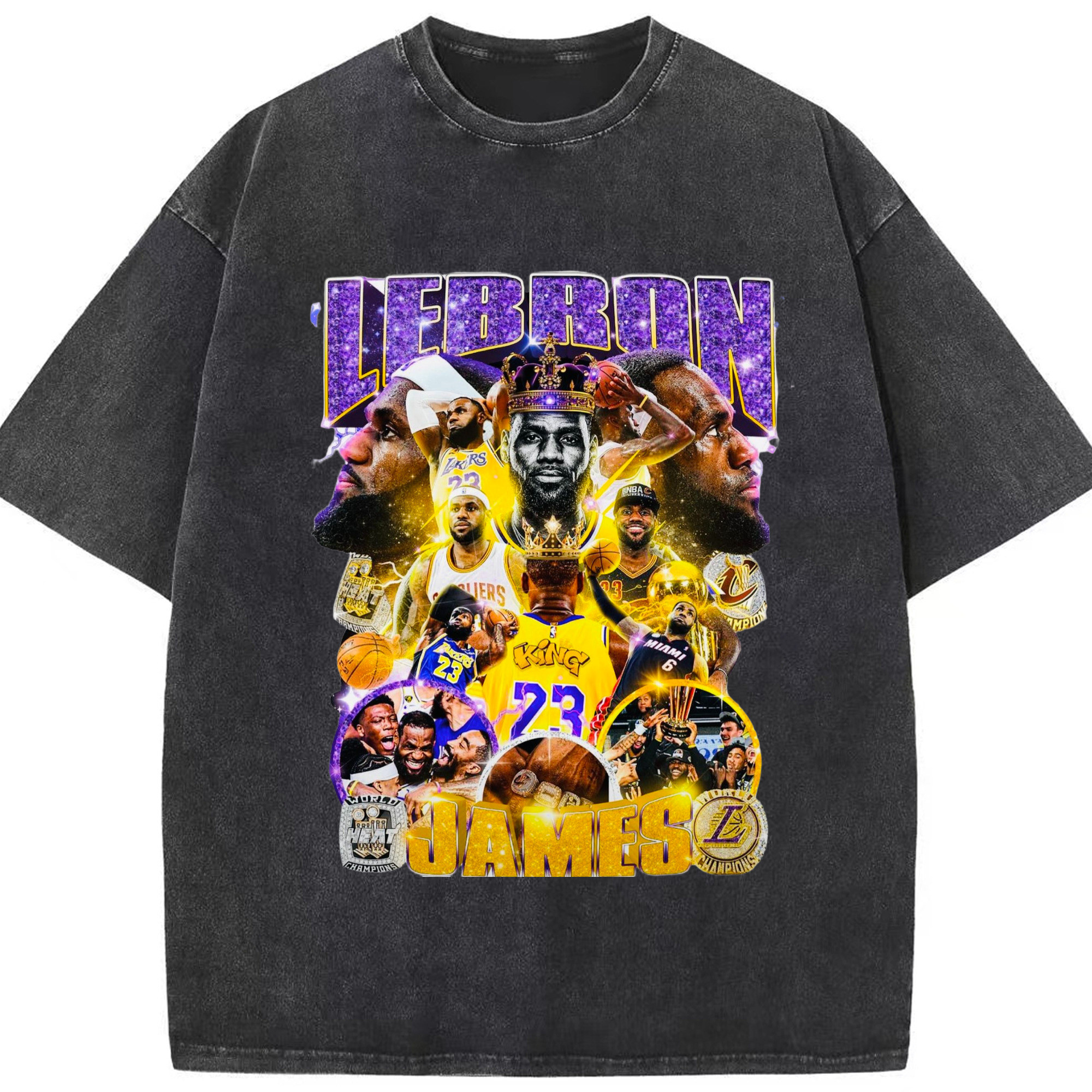 Lakers lebron james #6 #23 collage graphic T‑Shirt - Washed Vintage Look 230g Cotton Oversized T-Shirt With Front Heat Transfer Print – Soft, Lightweight, Stylish Fit – Comfortable Casual Wear For Sports & Everyday Use