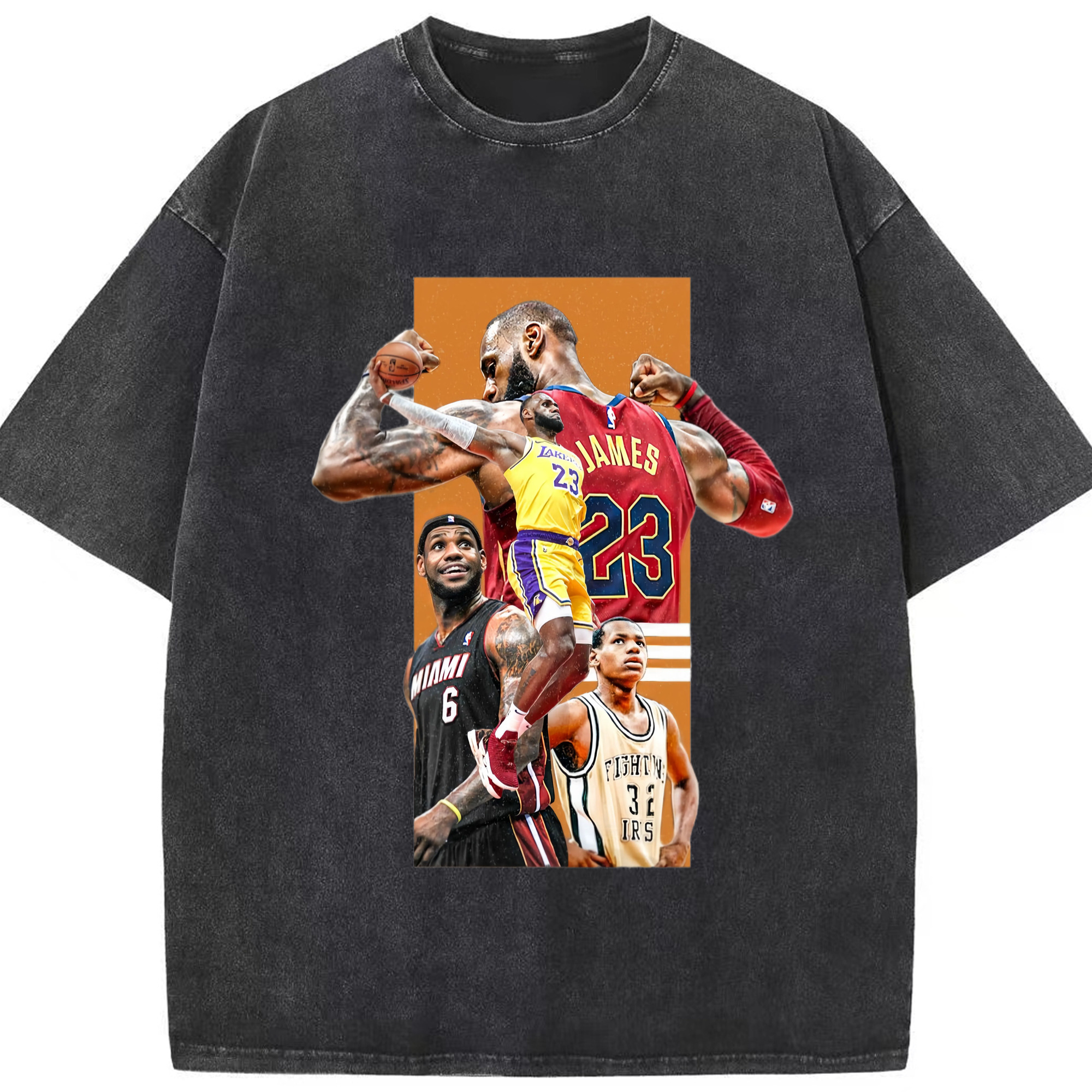 Lebron james Different teams  collage graphic T‑Shirt - Washed Vintage Look 230g Cotton Oversized T-Shirt With Front Heat Transfer Print – Soft, Lightweight, Stylish Fit – Comfortable Casual Wear For Sports & Everyday Use