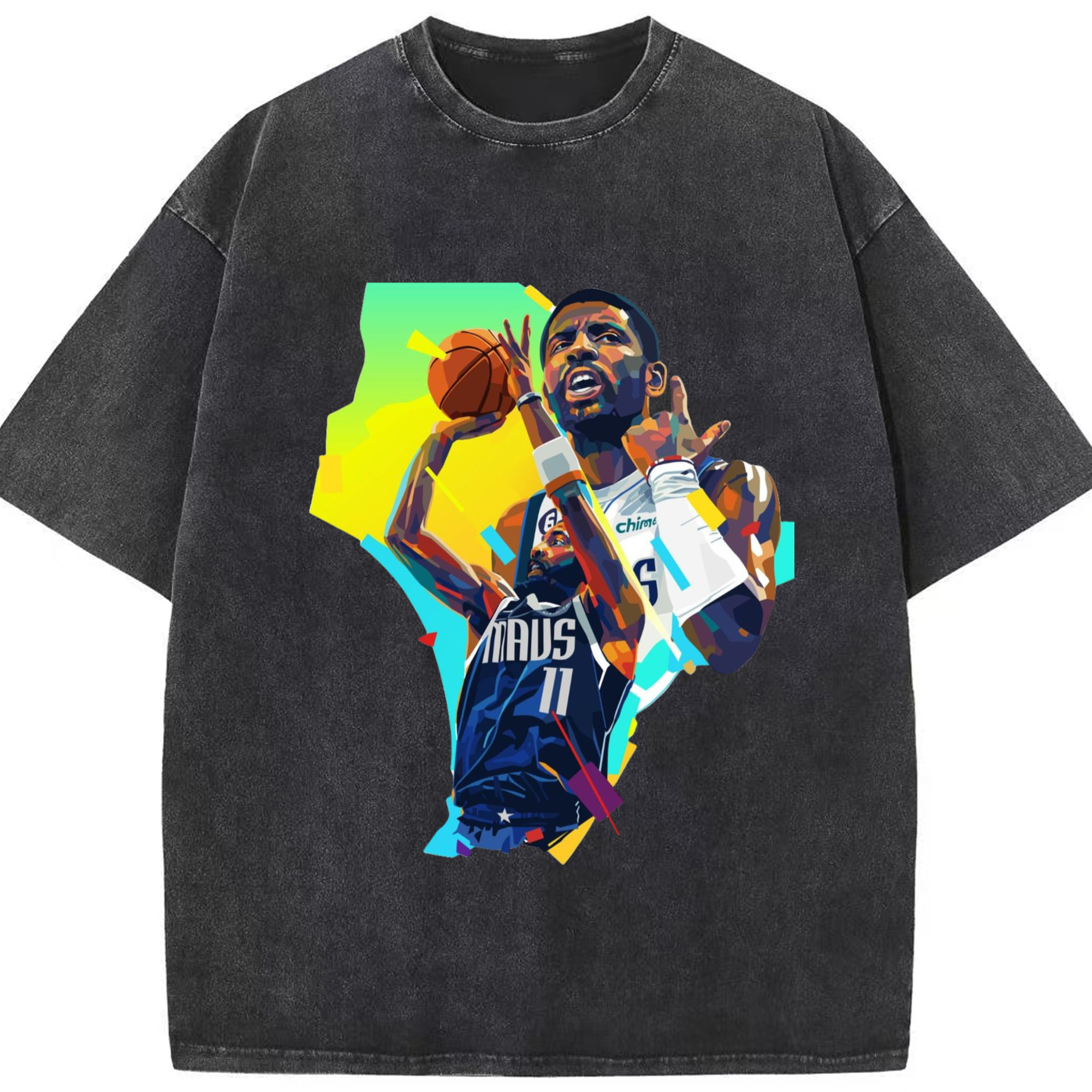 Kyrie Irving Mavericks Coloured drawing Shirt - Washed Vintage Look 230g Cotton Oversized T-Shirt With Front Heat Transfer Print – Soft, Lightweight, Stylish Fit – Comfortable Casual Wear For Sports & Everyday Use