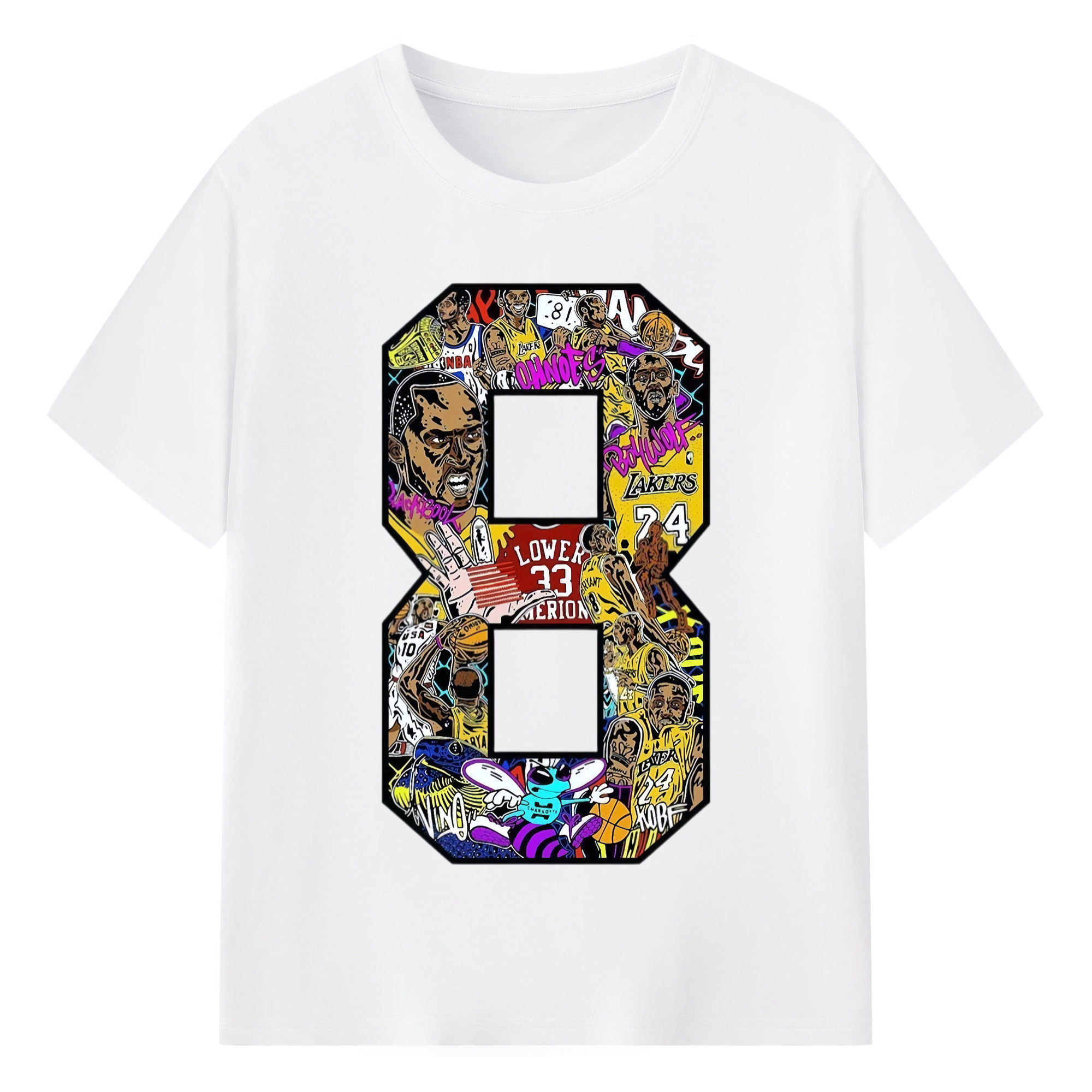Kobe Bryant #8  number collage T‑Shirt - 180g Cotton T-Shirt With Front Heat Transfer Print – Soft, Lightweight, Fitted Design – Comfortable Casual Wear For Sports & Everyday Use