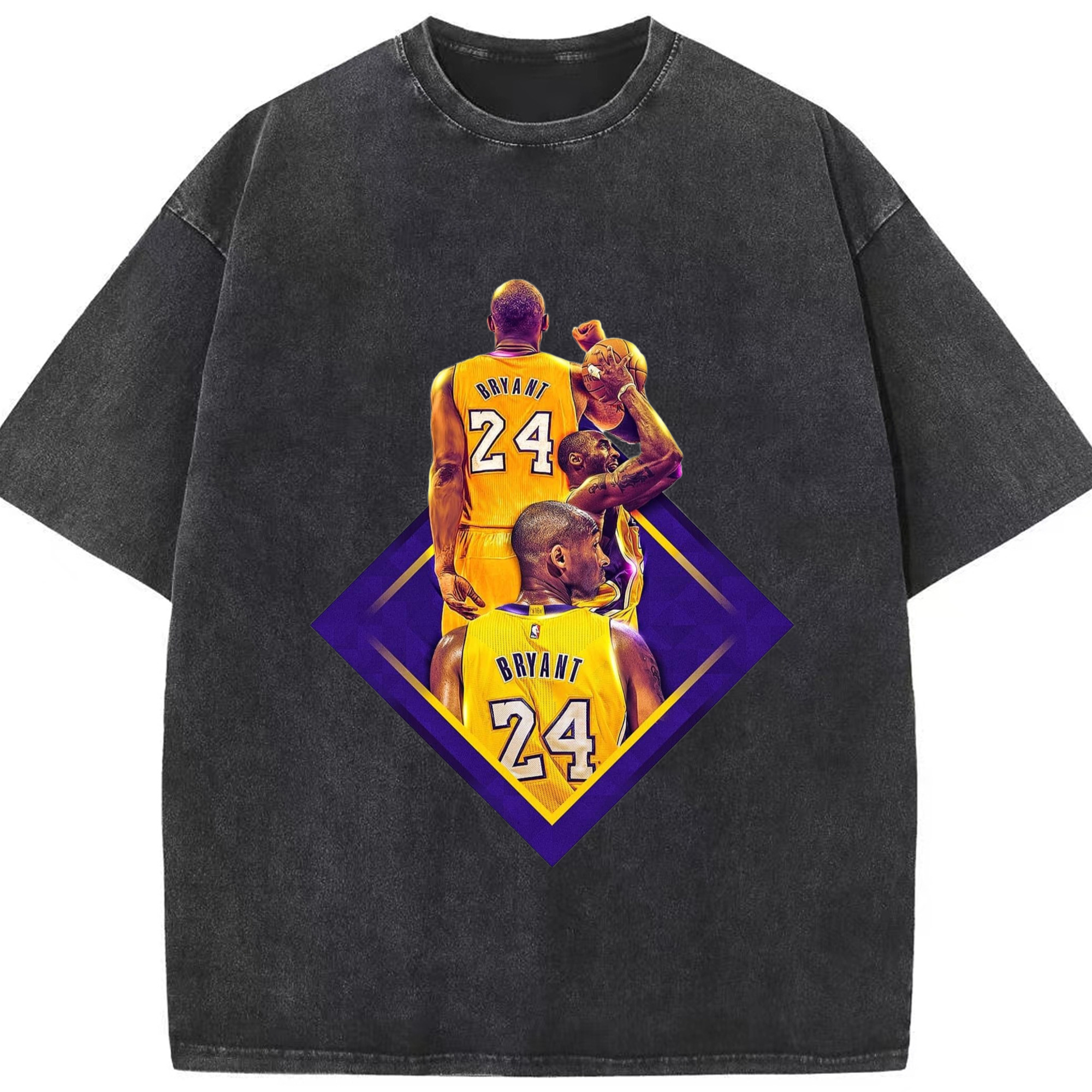 Lakers Legend Kobe Bryant  backsilhouette  T‑Shirt - Washed Vintage Look 230g Cotton Oversized T-Shirt With Front Heat Transfer Print – Soft, Lightweight, Stylish Fit – Comfortable Casual Wear For Sports & Everyday Use