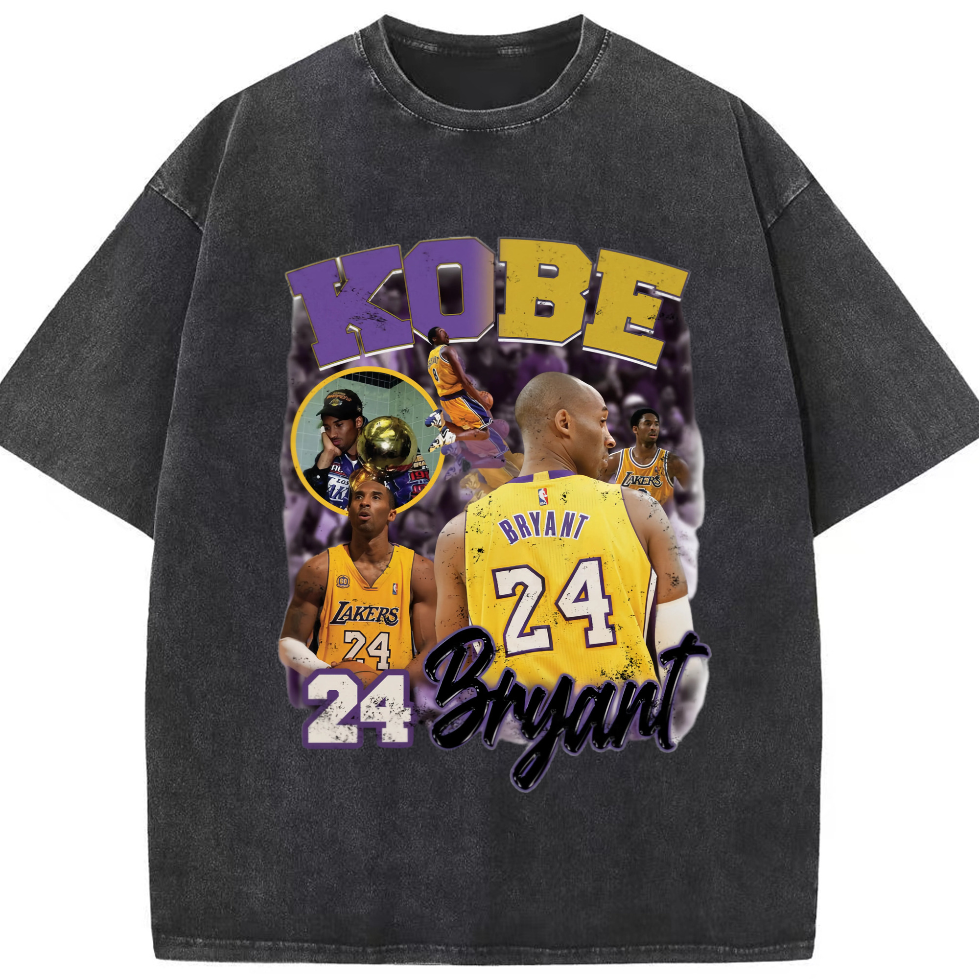 Kobe Bryant #24  collage T‑Shirt - Washed Vintage Look 230g Cotton Oversized T-Shirt With Front Heat Transfer Print – Soft, Lightweight, Stylish Fit – Comfortable Casual Wear For Sports & Everyday Use