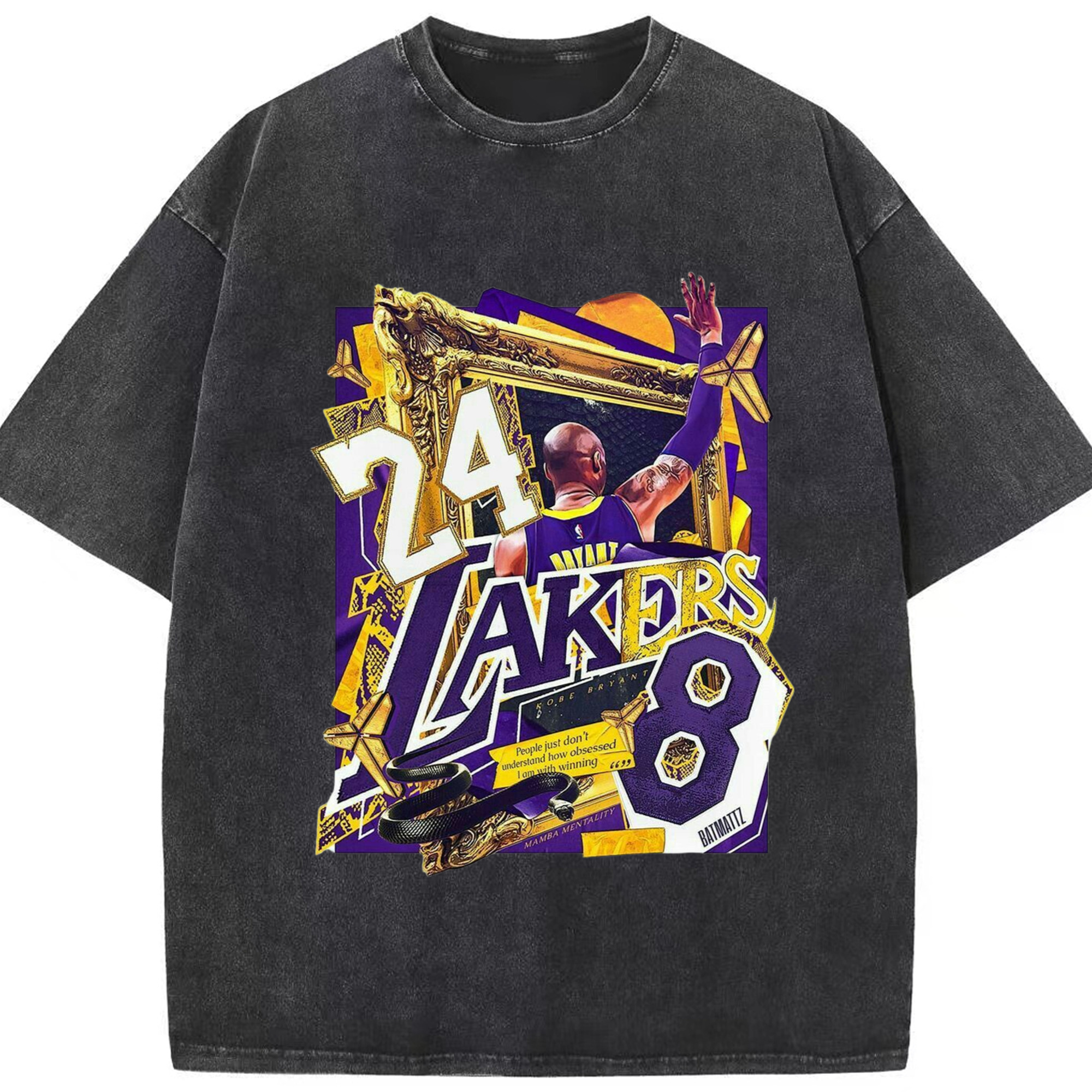 Lakers Legend Kobe Bryant  #24 #8 graphic T‑Shirt - Washed Vintage Look 230g Cotton Oversized T-Shirt With Front Heat Transfer Print – Soft, Lightweight, Stylish Fit – Comfortable Casual Wear For Sports & Everyday Use