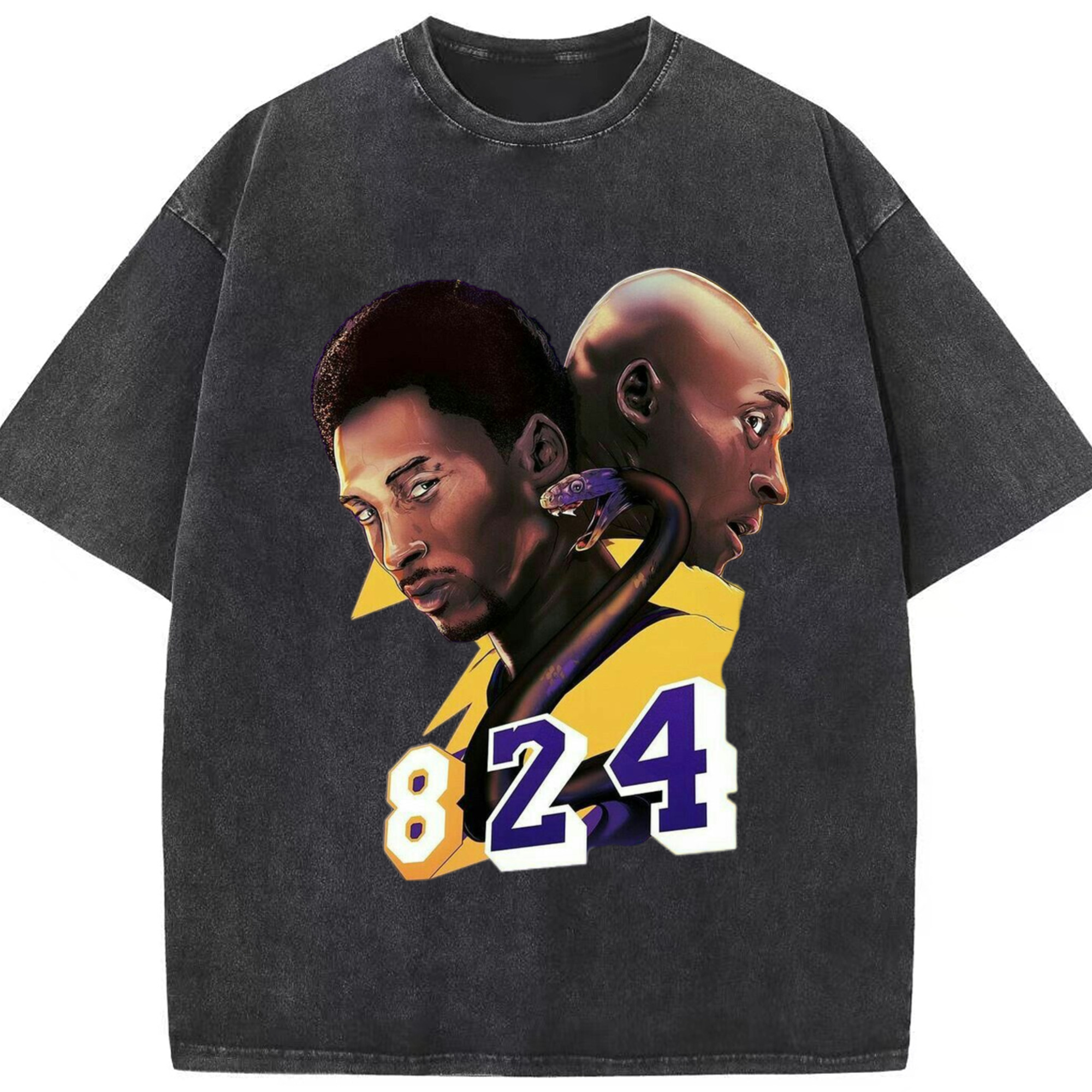 Kobe bryant #8 #24 cartoon T‑Shirt - Washed Vintage Look 230g Cotton Oversized T-Shirt With Front Heat Transfer Print – Soft, Lightweight, Stylish Fit – Comfortable Casual Wear For Sports & Everyday Use