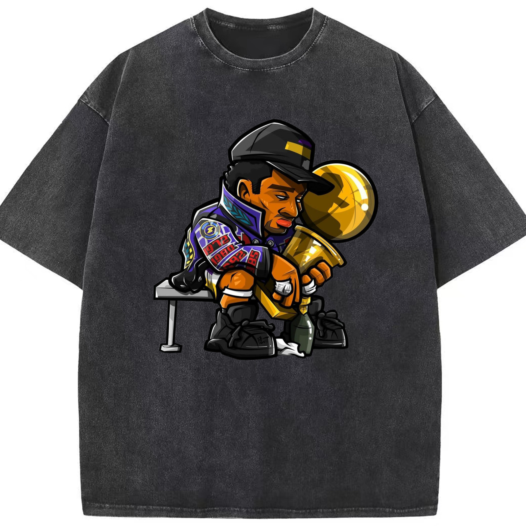 Lakers kobe bryant  #8 Hugging the trophy graphic T‑Shirt - Washed Vintage Look 230g Cotton Oversized T-Shirt With Front Heat Transfer Print – Soft, Lightweight, Stylish Fit – Comfortable Casual Wear For Sports & Everyday Use