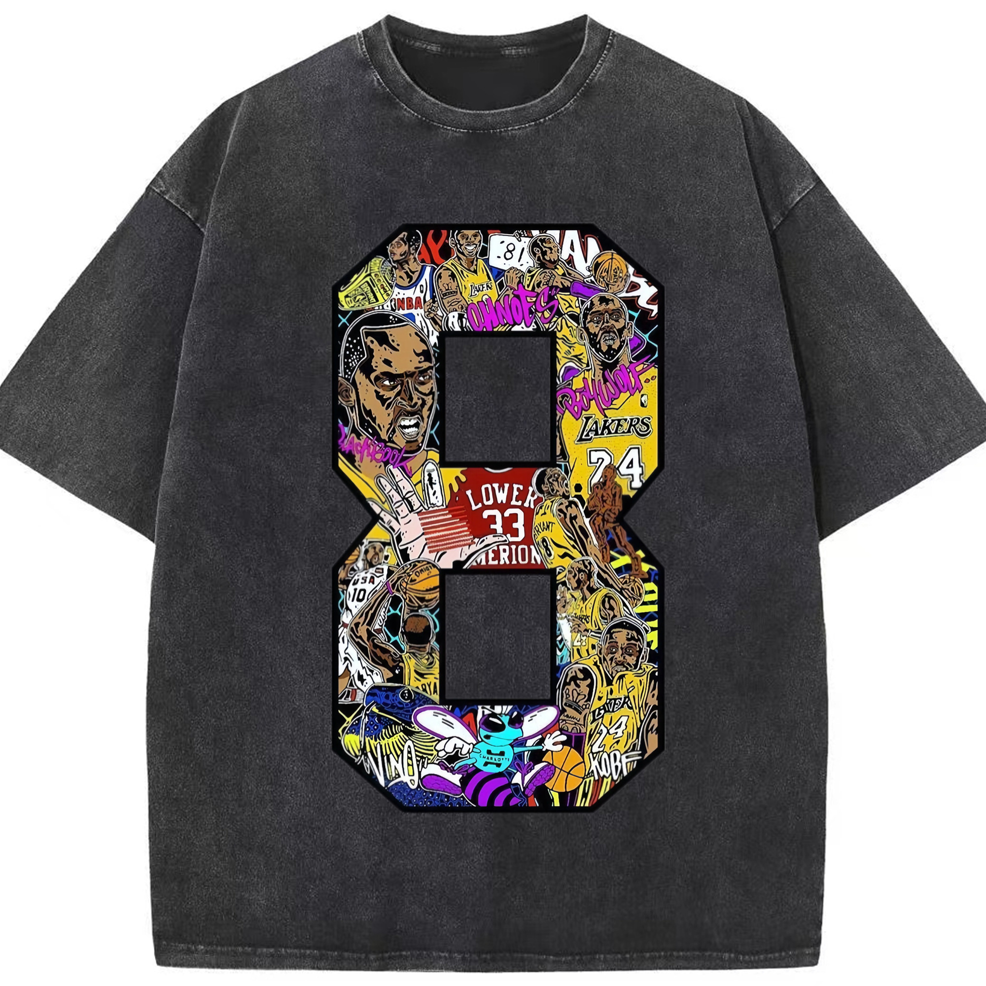 Kobe Bryant #8  number collage T‑Shirt - Washed Vintage Look 230g Cotton Oversized T-Shirt With Front Heat Transfer Print – Soft, Lightweight, Stylish Fit – Comfortable Casual Wear For Sports & Everyday Use