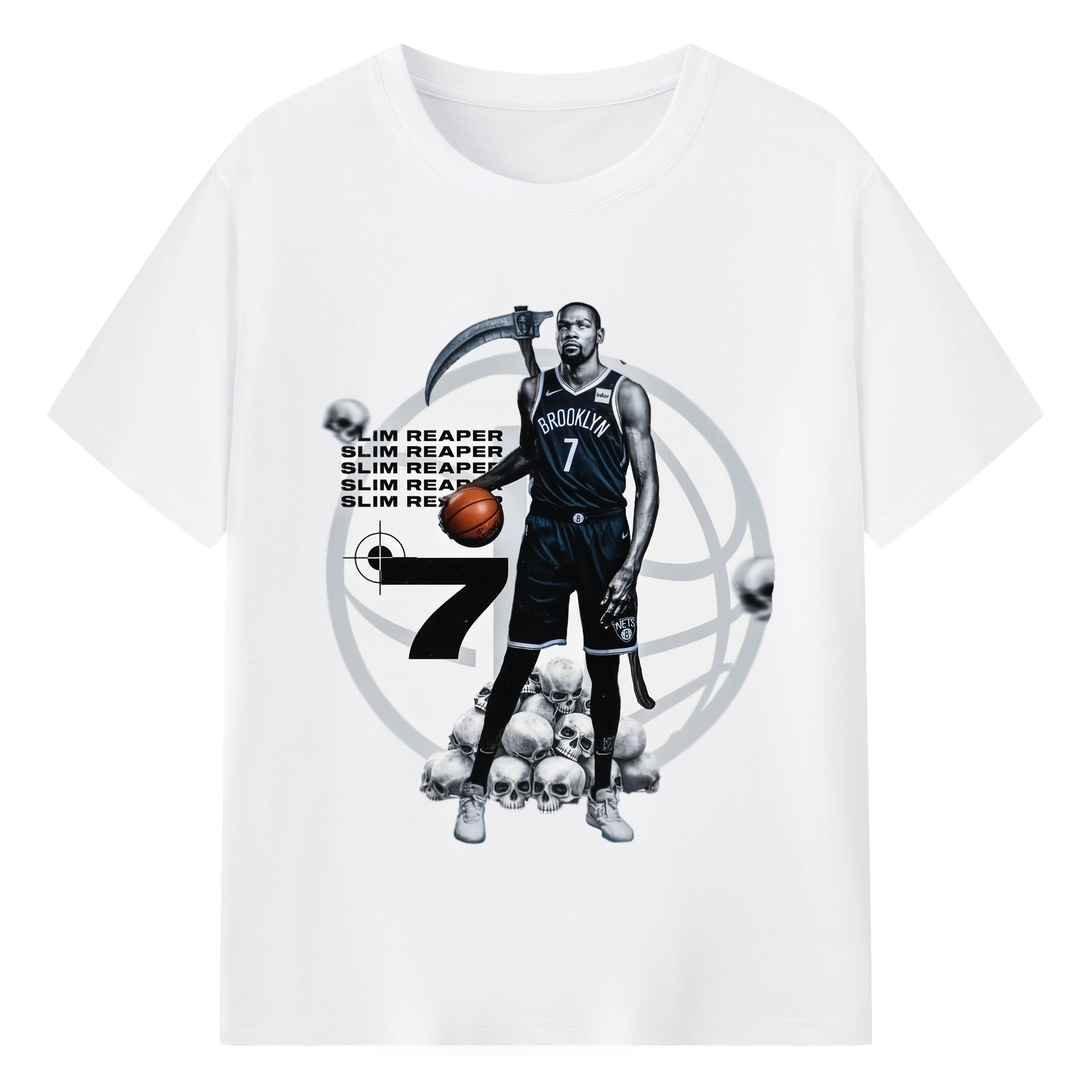 Kevin Durant Nets Slim Reaper T‑shirt - 180g Cotton T-Shirt With Front Heat Transfer Print – Soft, Lightweight, Fitted Design – Comfortable Casual Wear For Sports & Everyday Use