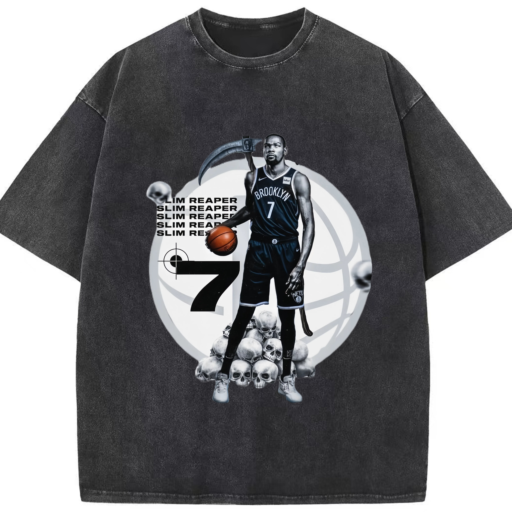 Kevin Durant Nets Slim Reaper T‑shirt - Washed Vintage Look 230g Cotton Oversized T-Shirt With Front Heat Transfer Print – Soft, Lightweight, Stylish Fit – Comfortable Casual Wear For Sports & Everyday Use