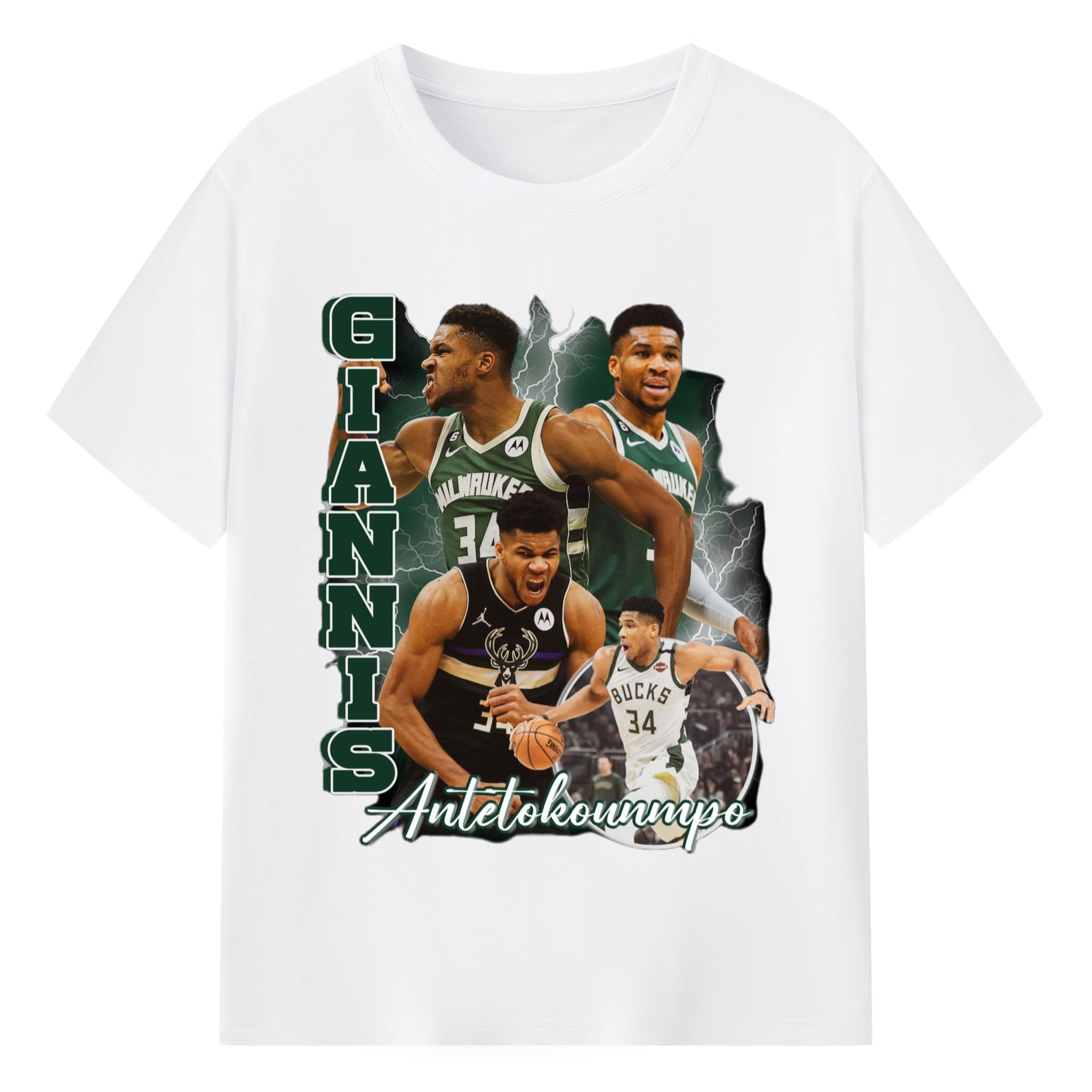 Bucks Giannis Antetokounmpo #34 collage graphic Tee - 180g Cotton T-Shirt With Front Heat Transfer Print – Soft, Lightweight, Fitted Design – Comfortable Casual Wear For Sports & Everyday Use