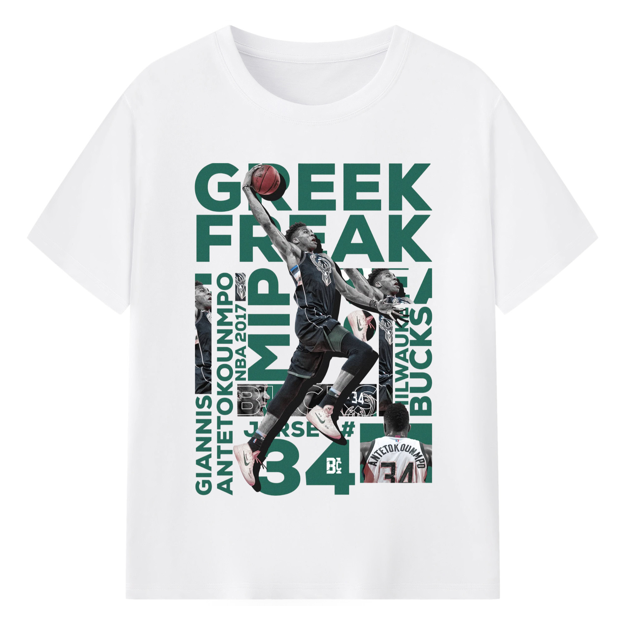 Bucks Giannis Antetokounmpo #34 collage T-shirt - 180g Cotton T-Shirt With Front Heat Transfer Print – Soft, Lightweight, Fitted Design – Comfortable Casual Wear For Sports & Everyday Use