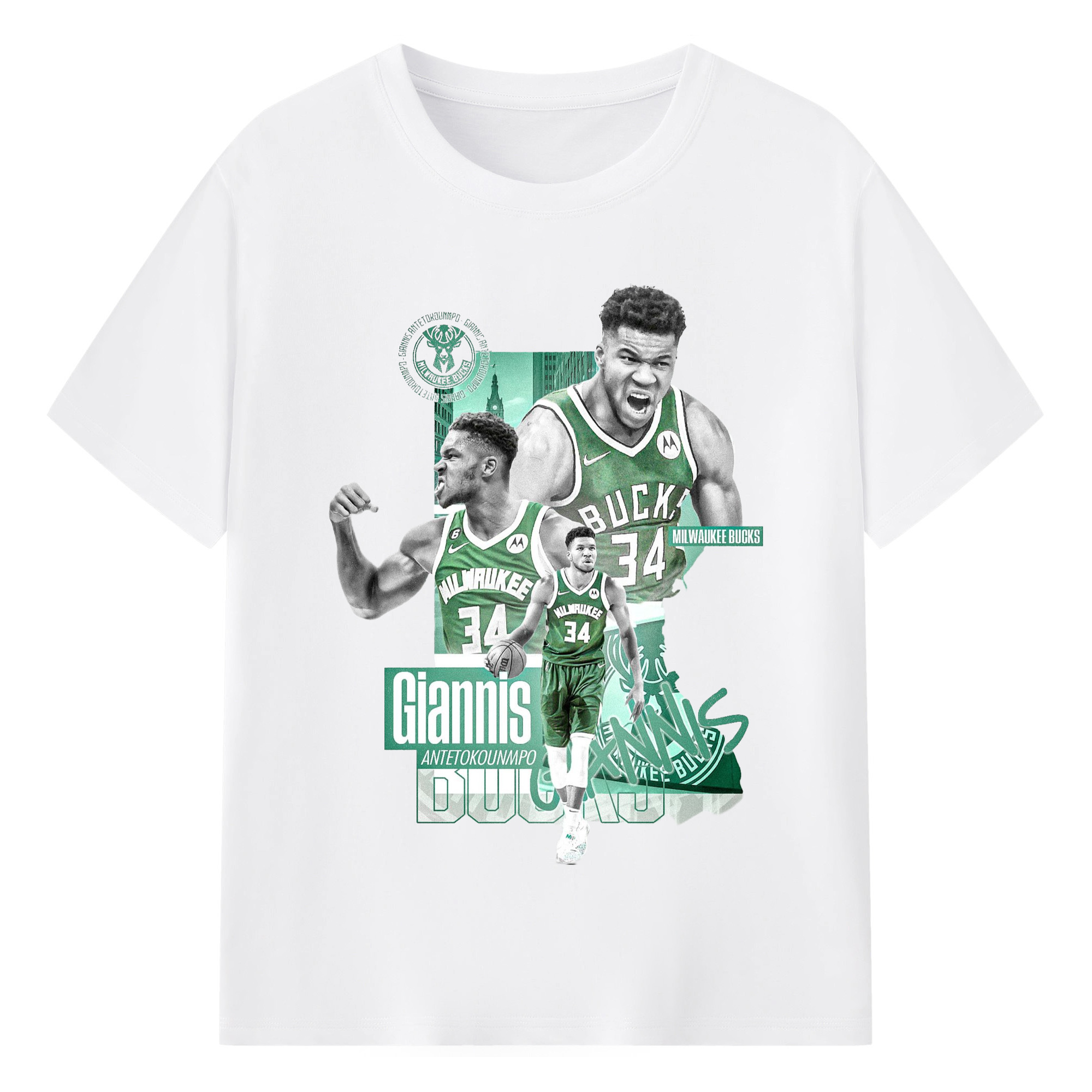 Bucks Giannis Antetokounmpo #34 graphic T-shirt - 180g Cotton T-Shirt With Front Heat Transfer Print – Soft, Lightweight, Fitted Design – Comfortable Casual Wear For Sports & Everyday Use