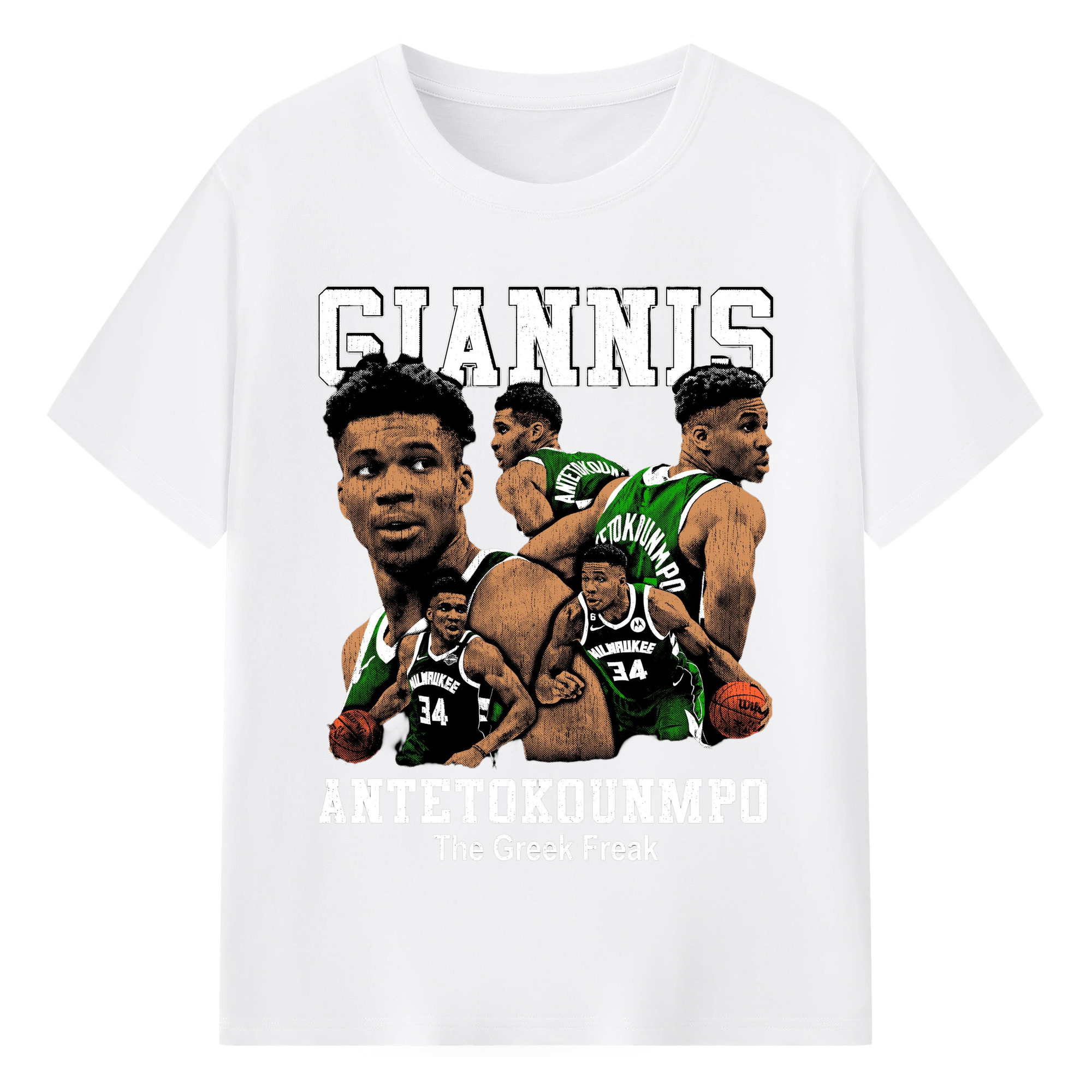 Giannis Antetokounmpo #34 collage T-shirt - 180g Cotton T-Shirt With Front Heat Transfer Print – Soft, Lightweight, Fitted Design – Comfortable Casual Wear For Sports & Everyday Use