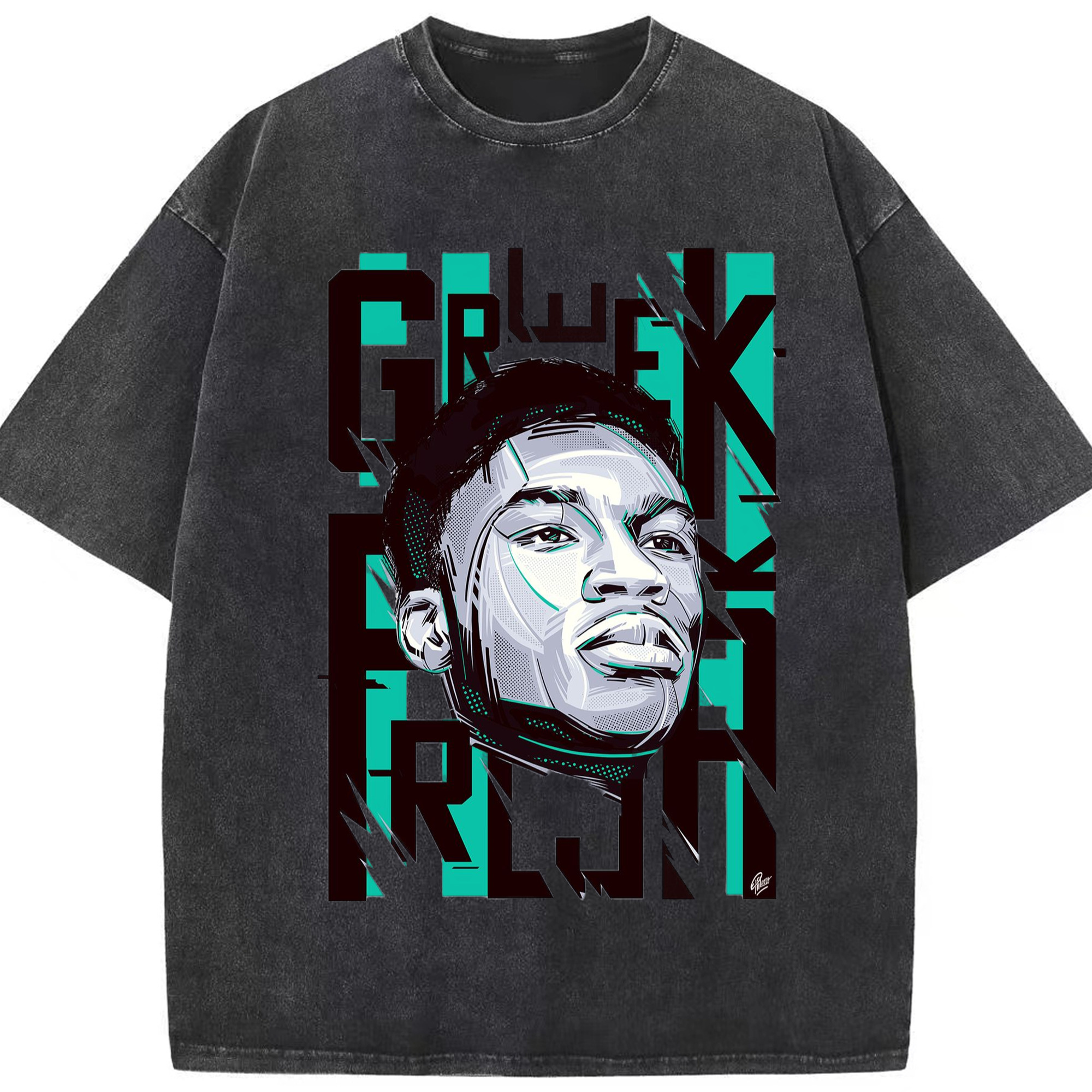 Bucks Giannis Antetokounmpo #34 Cartoon avatar T-shirt - Washed Vintage Look 230g Cotton Oversized T-Shirt With Front Heat Transfer Print – Soft, Lightweight, Stylish Fit – Comfortable Casual Wear For Sports & Everyday Use