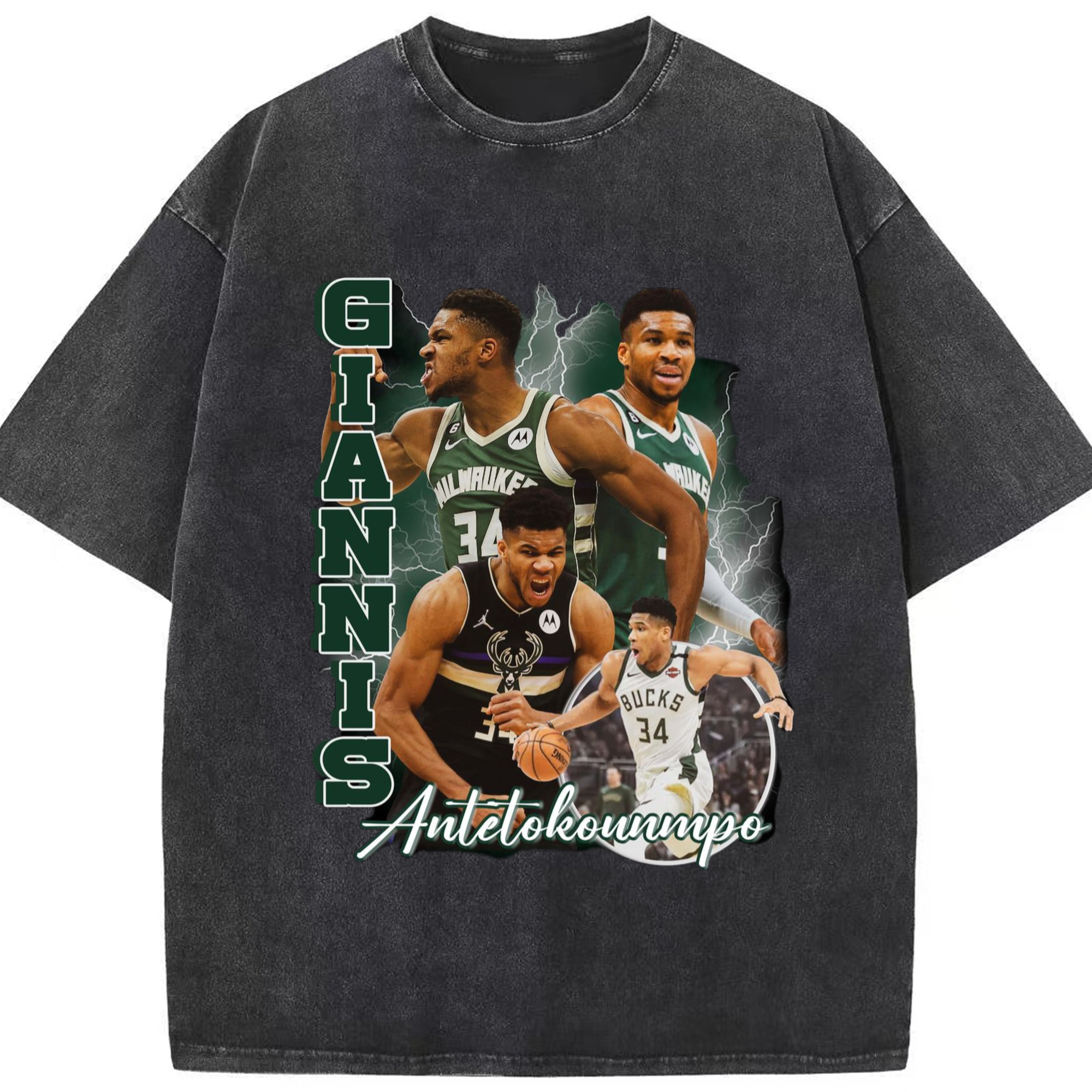 Bucks Giannis Antetokounmpo #34 collage graphic Tee - Washed Vintage Look 230g Cotton Oversized T-Shirt With Front Heat Transfer Print – Soft, Lightweight, Stylish Fit – Comfortable Casual Wear For Sports & Everyday Use