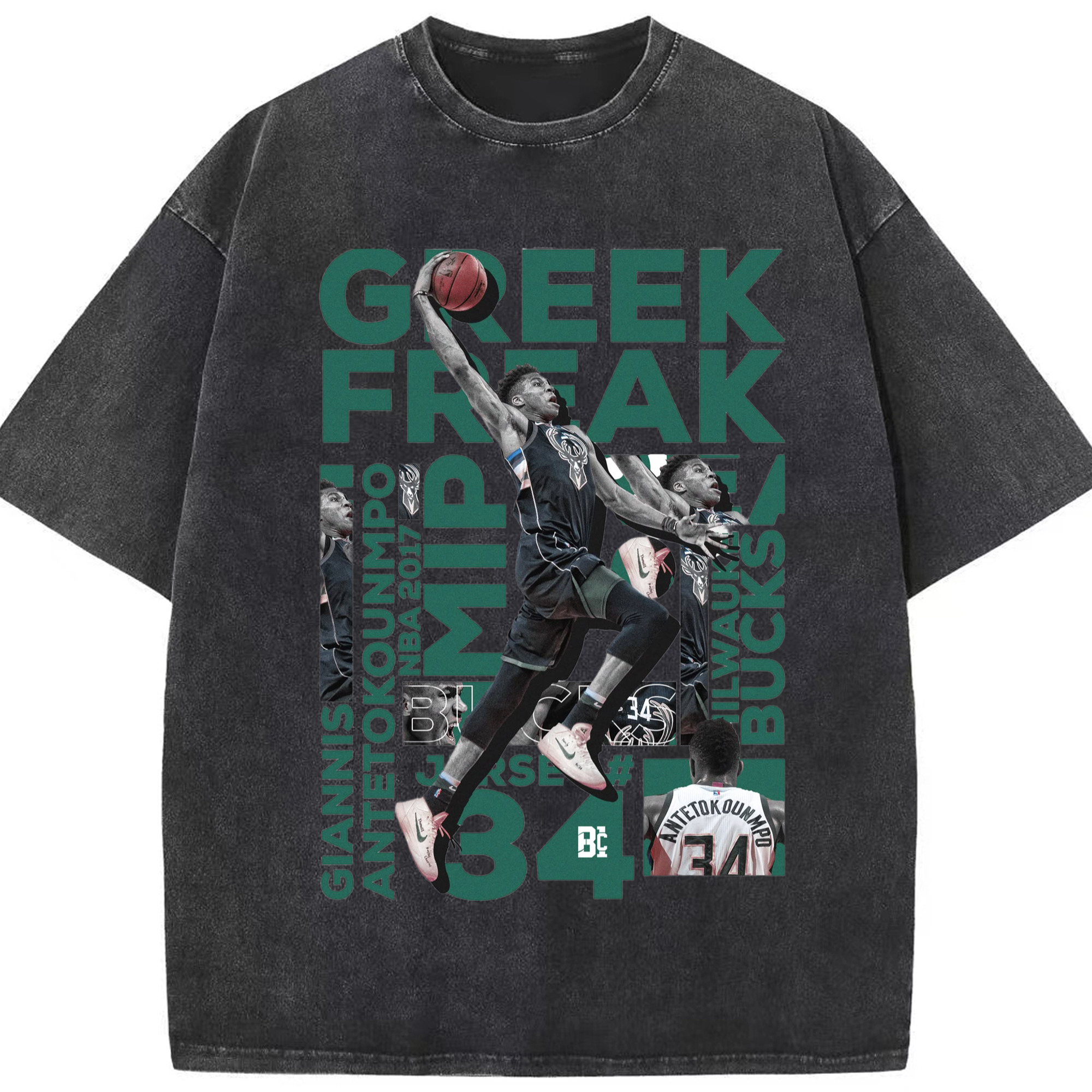 Bucks Giannis Antetokounmpo #34 collage T-shirt - Washed Vintage Look 230g Cotton Oversized T-Shirt With Front Heat Transfer Print – Soft, Lightweight, Stylish Fit – Comfortable Casual Wear For Sports & Everyday Use