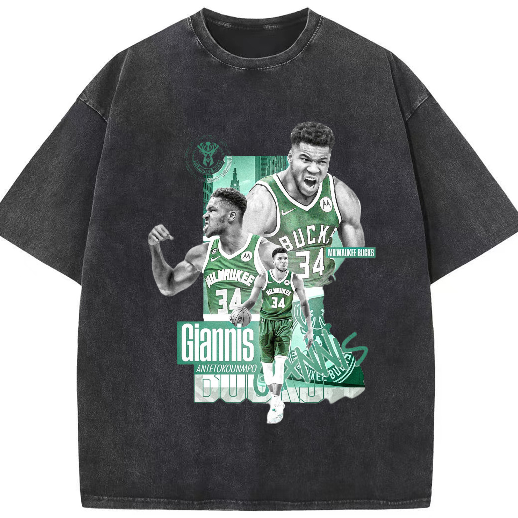 Bucks Giannis Antetokounmpo #34 graphic T-shirt - Washed Vintage Look 230g Cotton Oversized T-Shirt With Front Heat Transfer Print – Soft, Lightweight, Stylish Fit – Comfortable Casual Wear For Sports & Everyday Use