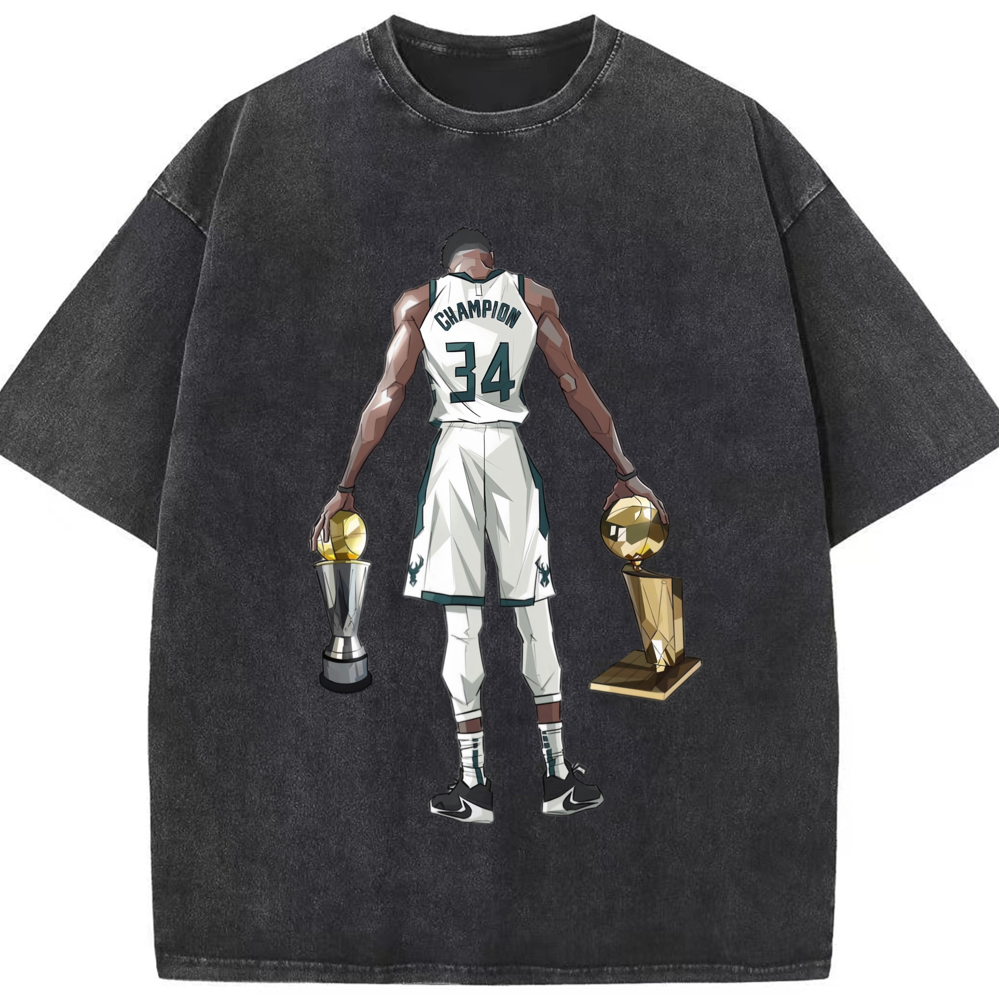 Giannis Antetokounmpo  FMVP T-shirt - Washed Vintage Look 230g Cotton Oversized T-Shirt With Front Heat Transfer Print – Soft, Lightweight, Stylish Fit – Comfortable Casual Wear For Sports & Everyday Use