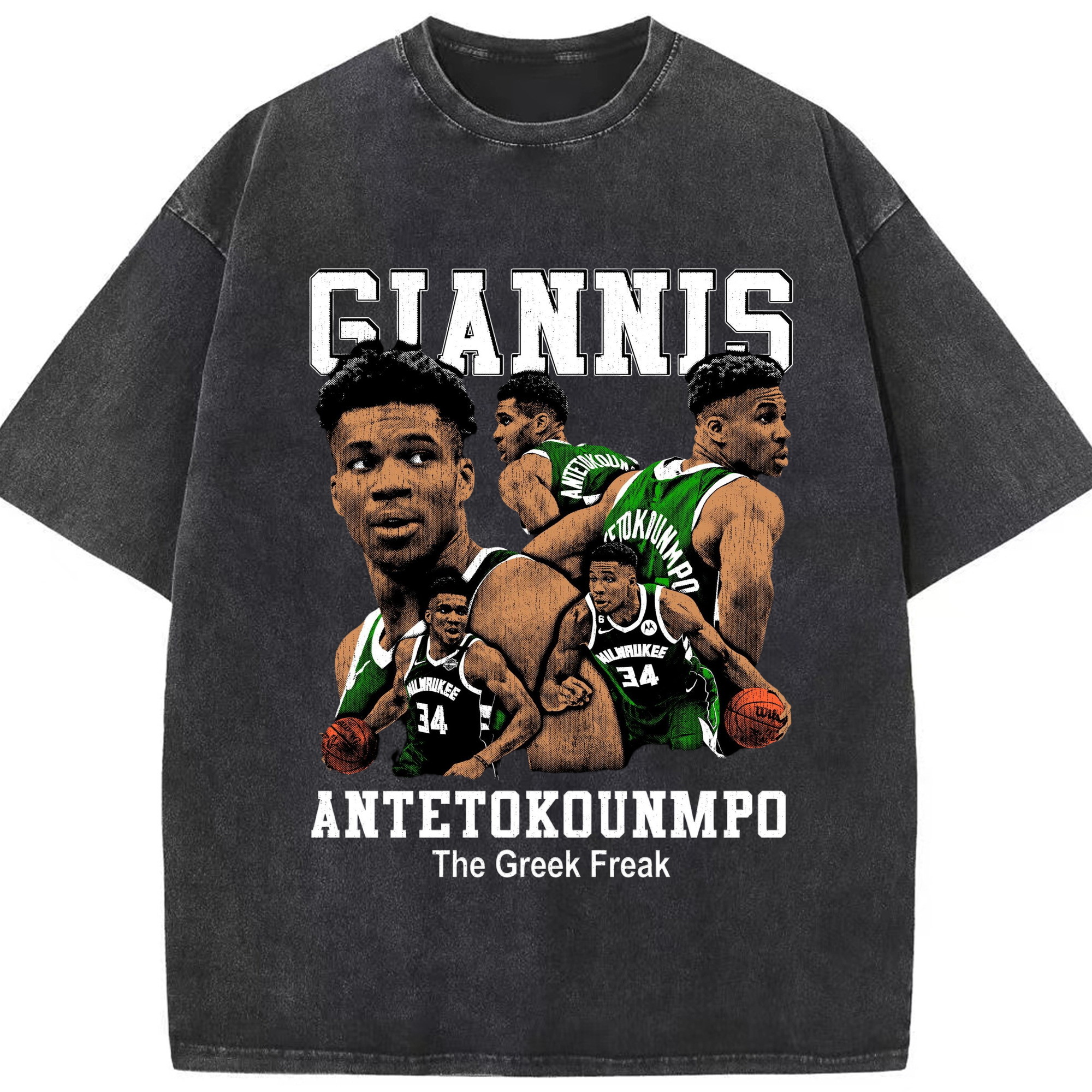 Giannis Antetokounmpo #34 collage T-shirt - Washed Vintage Look 230g Cotton Oversized T-Shirt With Front Heat Transfer Print – Soft, Lightweight, Stylish Fit – Comfortable Casual Wear For Sports & Everyday Use