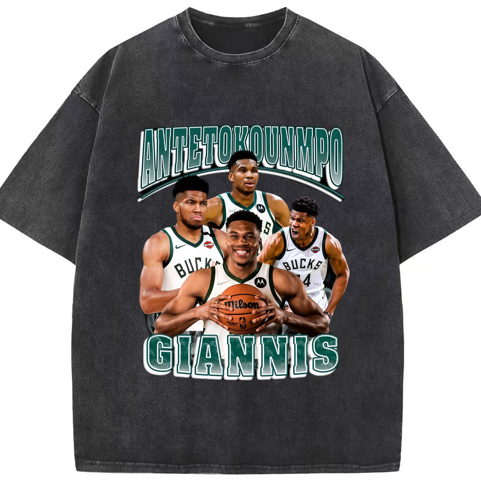 Giannis Antetokounmpo Retro collage T‑shirt - Washed Vintage Look 230g Cotton Oversized T-Shirt With Front Heat Transfer Print – Soft, Lightweight, Stylish Fit – Comfortable Casual Wear For Sports & Everyday Use