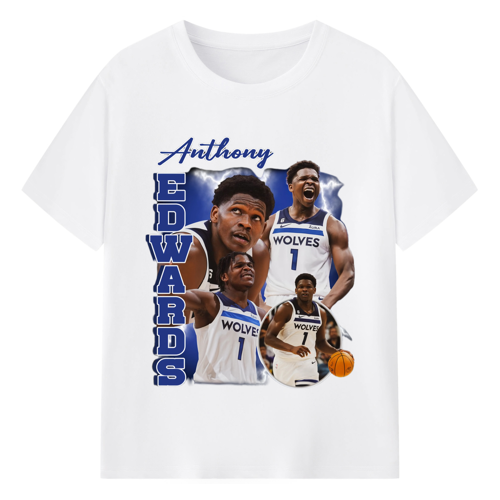 Anthony Edwards Timberwolves  collage graphic T-shirt - 180g Cotton T-Shirt With Front Heat Transfer Print – Soft, Lightweight, Fitted Design – Comfortable Casual Wear For Sports & Everyday Use