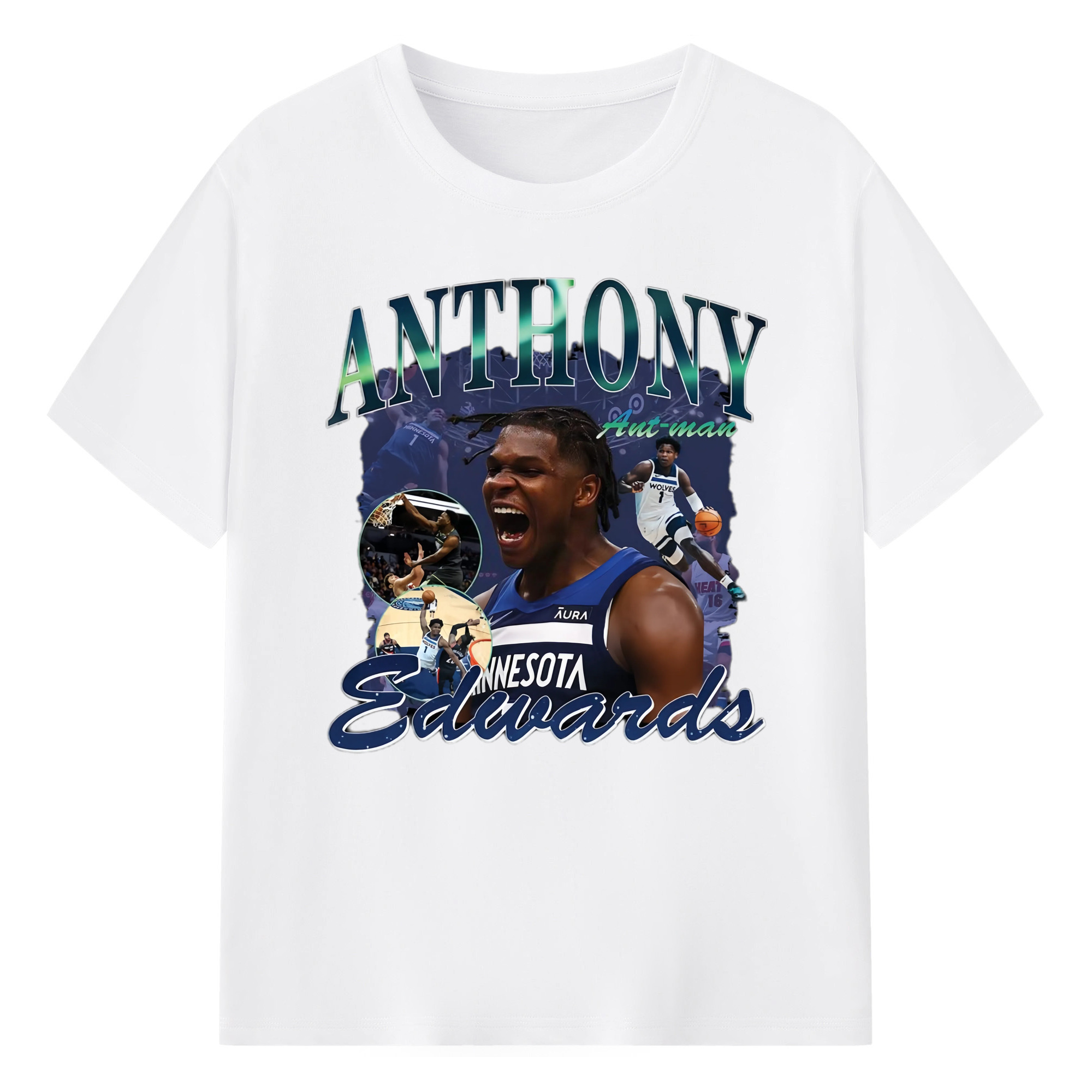 Anthony Edwards Timberwolves  collage graphic Tee - 180g Cotton T-Shirt With Front Heat Transfer Print – Soft, Lightweight, Fitted Design – Comfortable Casual Wear For Sports & Everyday Use