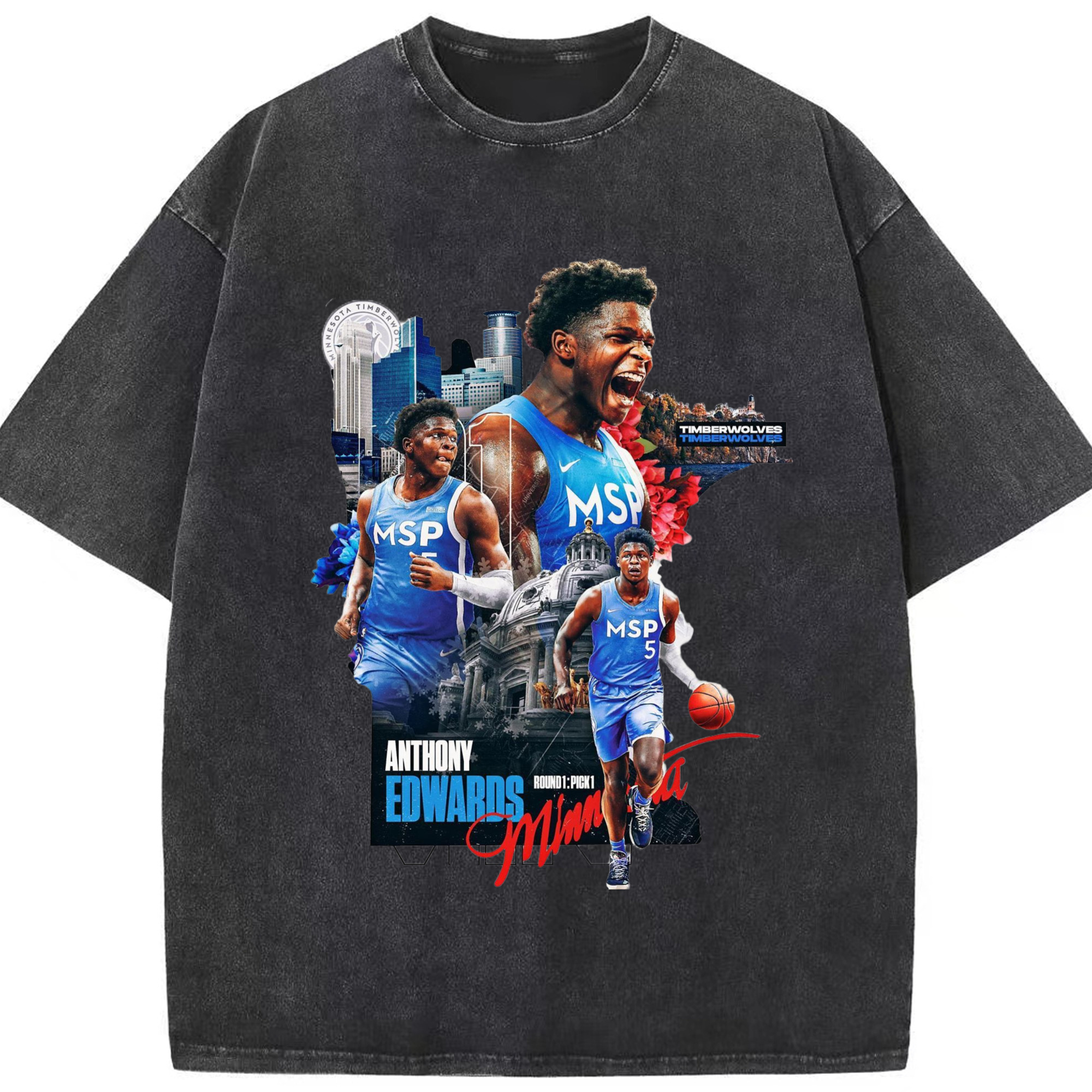 Anthony Edwards Timberwolves Urban Background graphic T-shirt - Washed Vintage Look 230g Cotton Oversized T-Shirt With Front Heat Transfer Print – Soft, Lightweight, Stylish Fit – Comfortable Casual Wear For Sports & Everyday Use