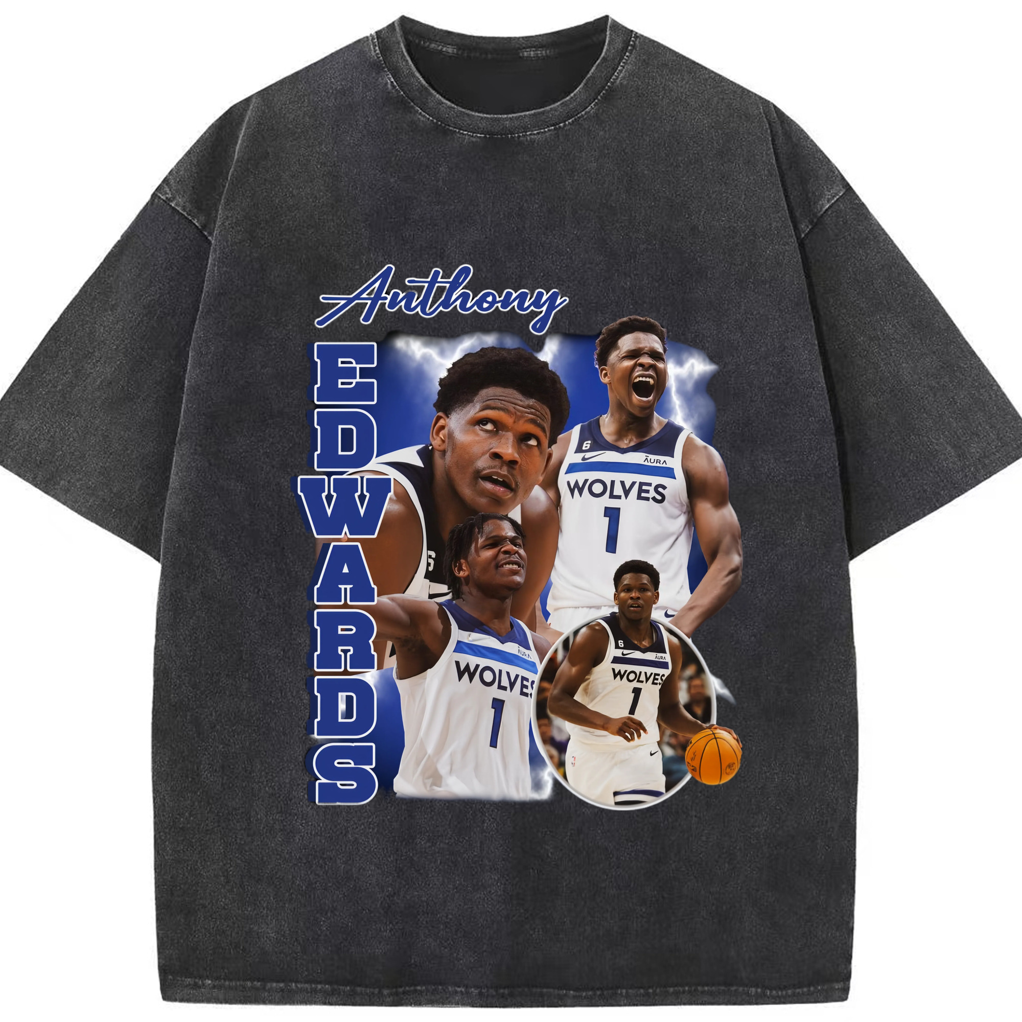 Anthony Edwards Timberwolves  collage graphic T-shirt - Washed Vintage Look 230g Cotton Oversized T-Shirt With Front Heat Transfer Print – Soft, Lightweight, Stylish Fit – Comfortable Casual Wear For Sports & Everyday Use