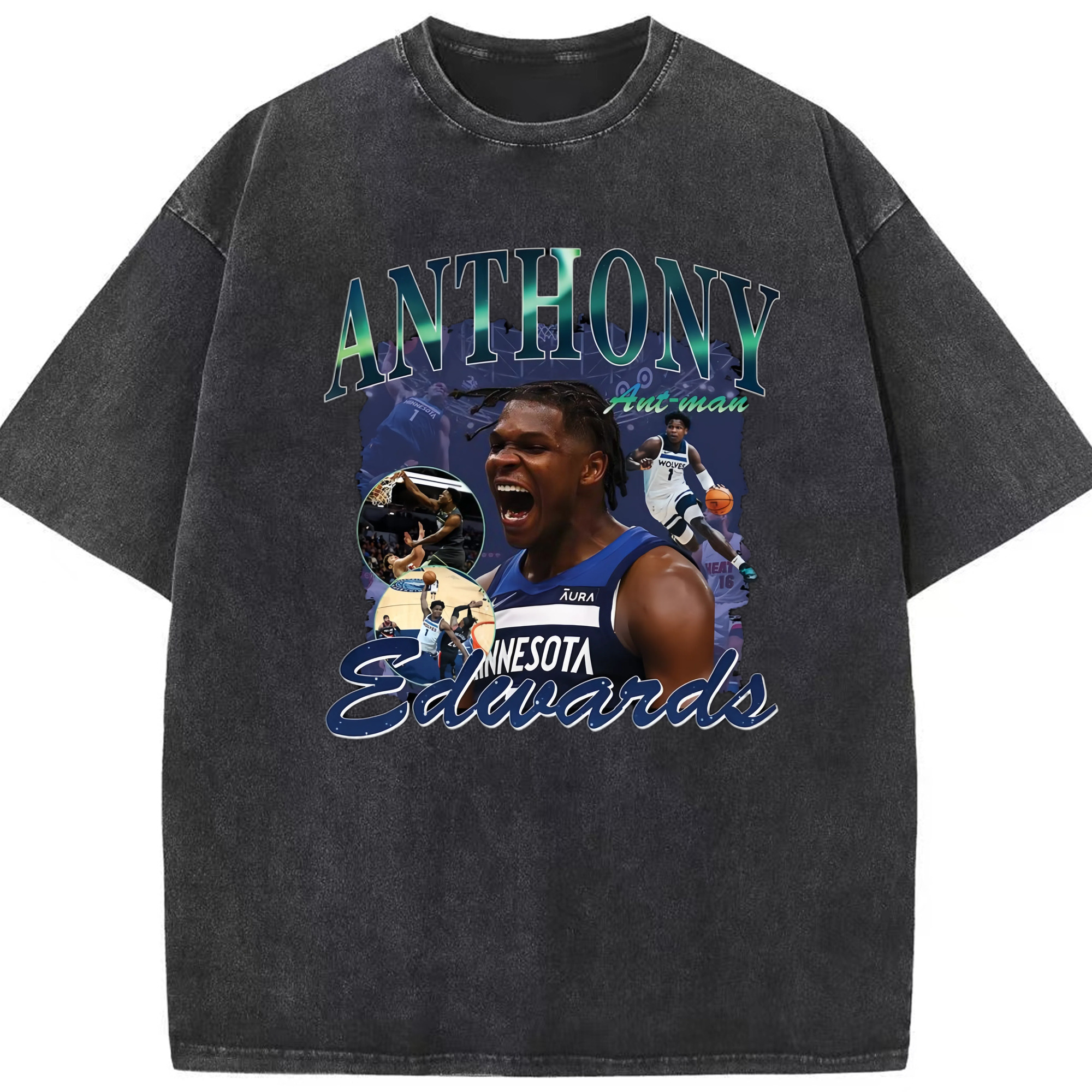 Anthony Edwards Timberwolves  collage graphic Tee - Washed Vintage Look 230g Cotton Oversized T-Shirt With Front Heat Transfer Print – Soft, Lightweight, Stylish Fit – Comfortable Casual Wear For Sports & Everyday Use