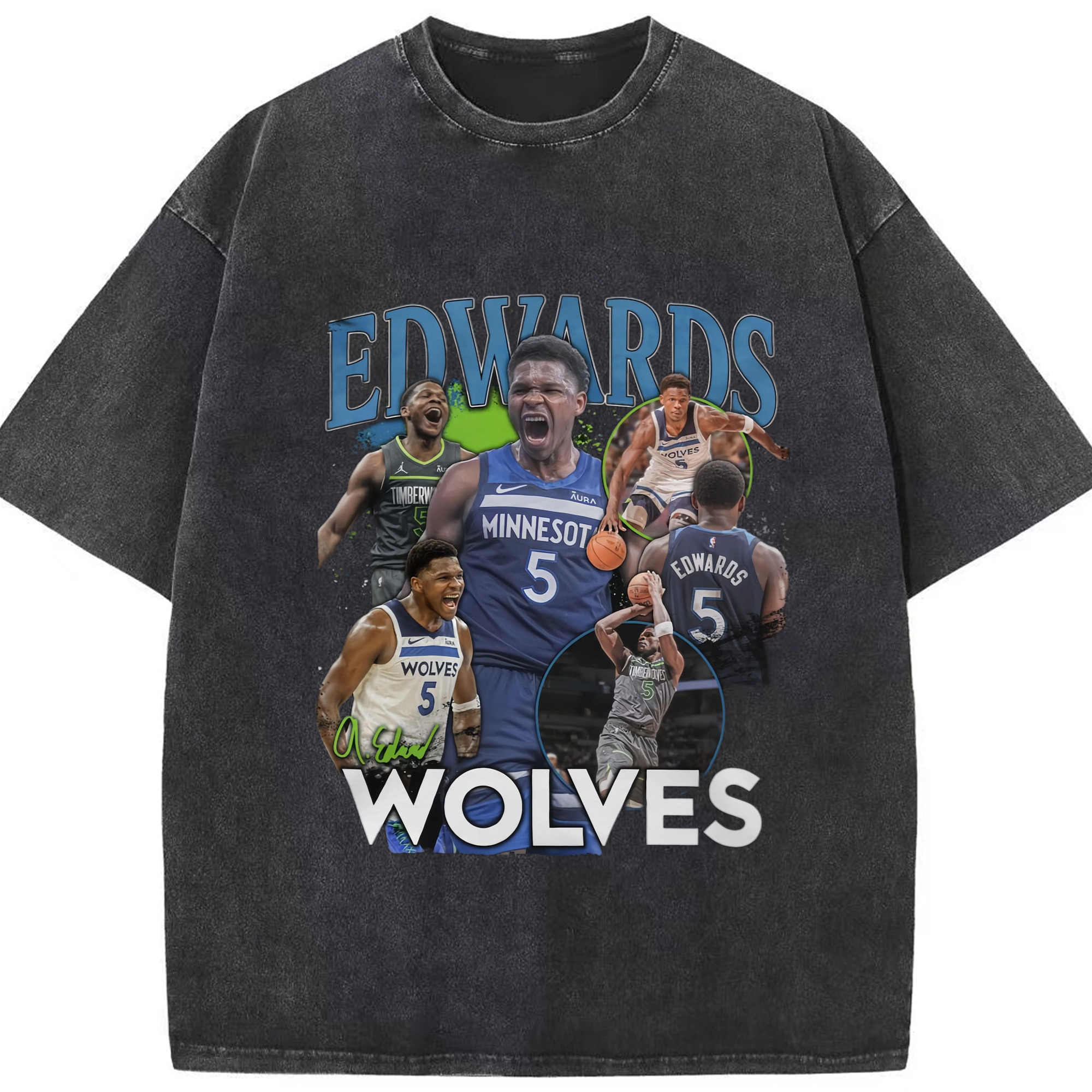 Anthony Edwards Timberwolves T‑Shirt - Washed Vintage Look 230g Cotton Oversized T-Shirt With Front Heat Transfer Print – Soft, Lightweight, Stylish Fit – Comfortable Casual Wear For Sports & Everyday Use