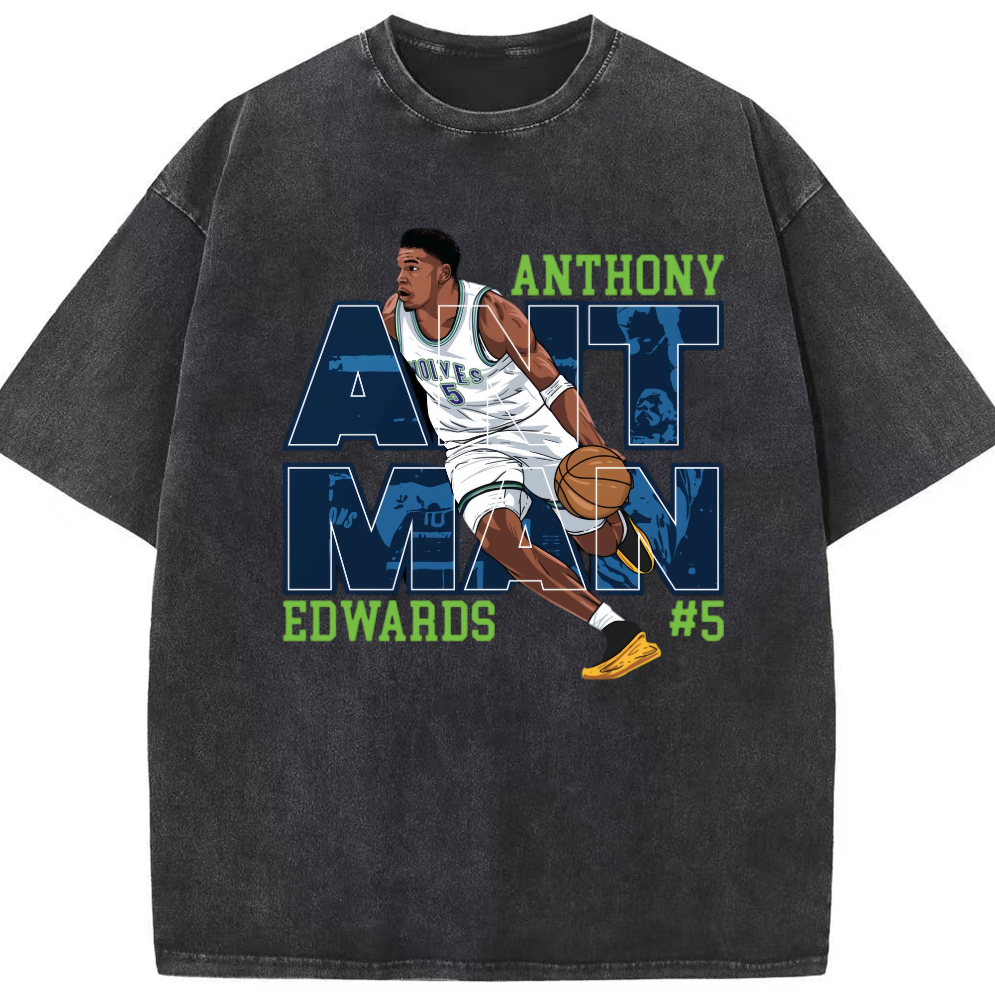 Anthony Edwards Timberwolves #5 cartoon T‑Shirt - Washed Vintage Look 230g Cotton Oversized T-Shirt With Front Heat Transfer Print – Soft, Lightweight, Stylish Fit – Comfortable Casual Wear For Sports & Everyday Use