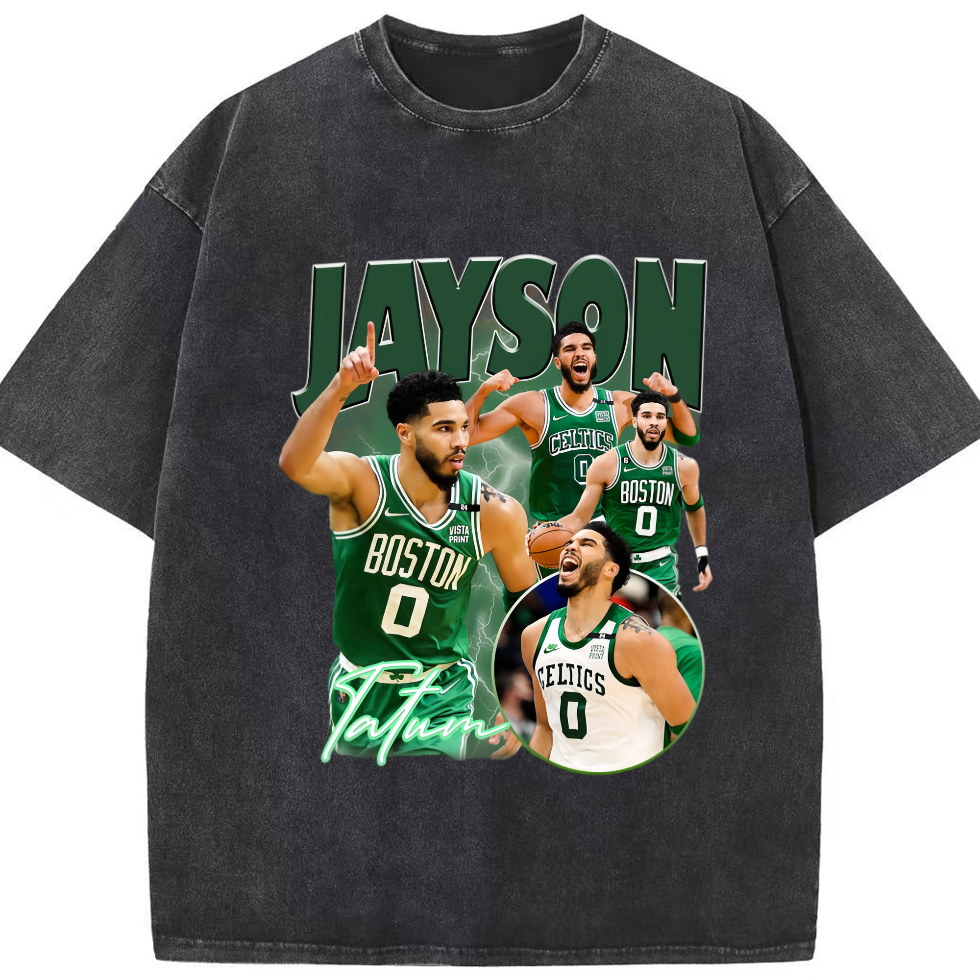 Jayson Tatum  Celebration T-shirt - Washed Vintage Look 230g Cotton Oversized T-Shirt With Front Heat Transfer Print – Soft, Lightweight, Stylish Fit – Comfortable Casual Wear For Sports & Everyday Use