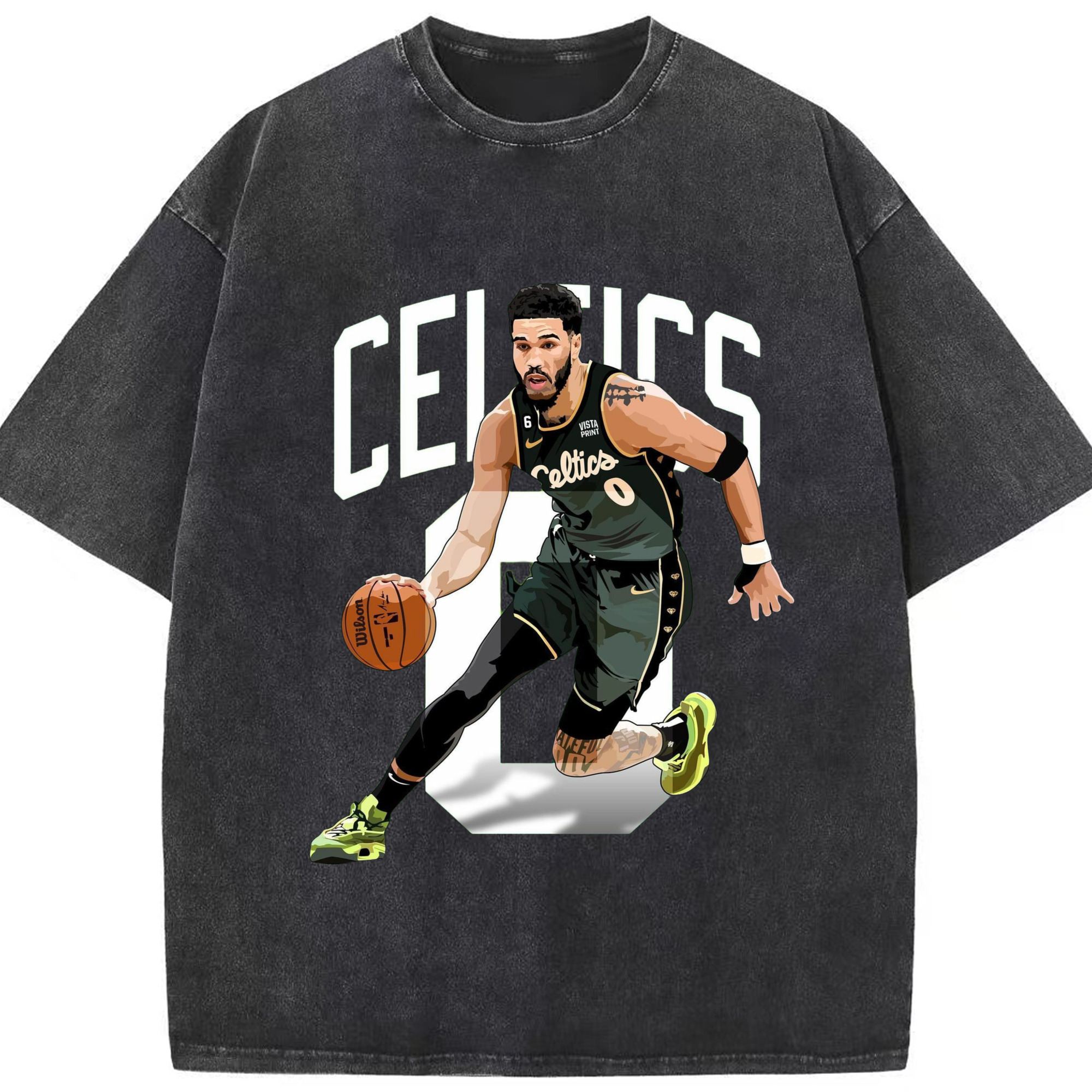 Jayson Tatum  Celtics T-shirt - Washed Vintage Look 230g Cotton Oversized T-Shirt With Front Heat Transfer Print – Soft, Lightweight, Stylish Fit – Comfortable Casual Wear For Sports & Everyday Use