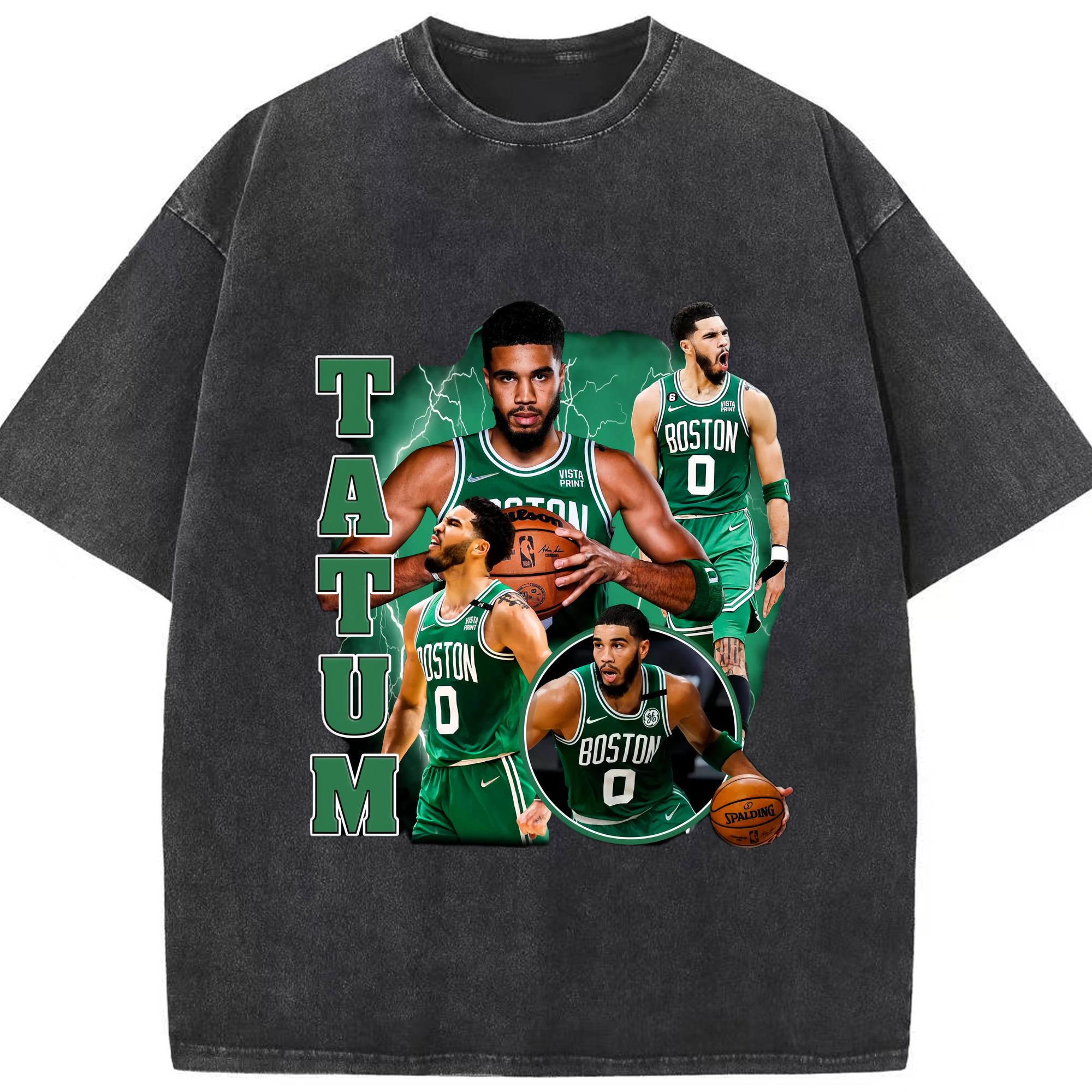 Jayson Tatum #0 Celtics collage graphic Tee - Washed Vintage Look 230g Cotton Oversized T-Shirt With Front Heat Transfer Print – Soft, Lightweight, Stylish Fit – Comfortable Casual Wear For Sports & Everyday Use