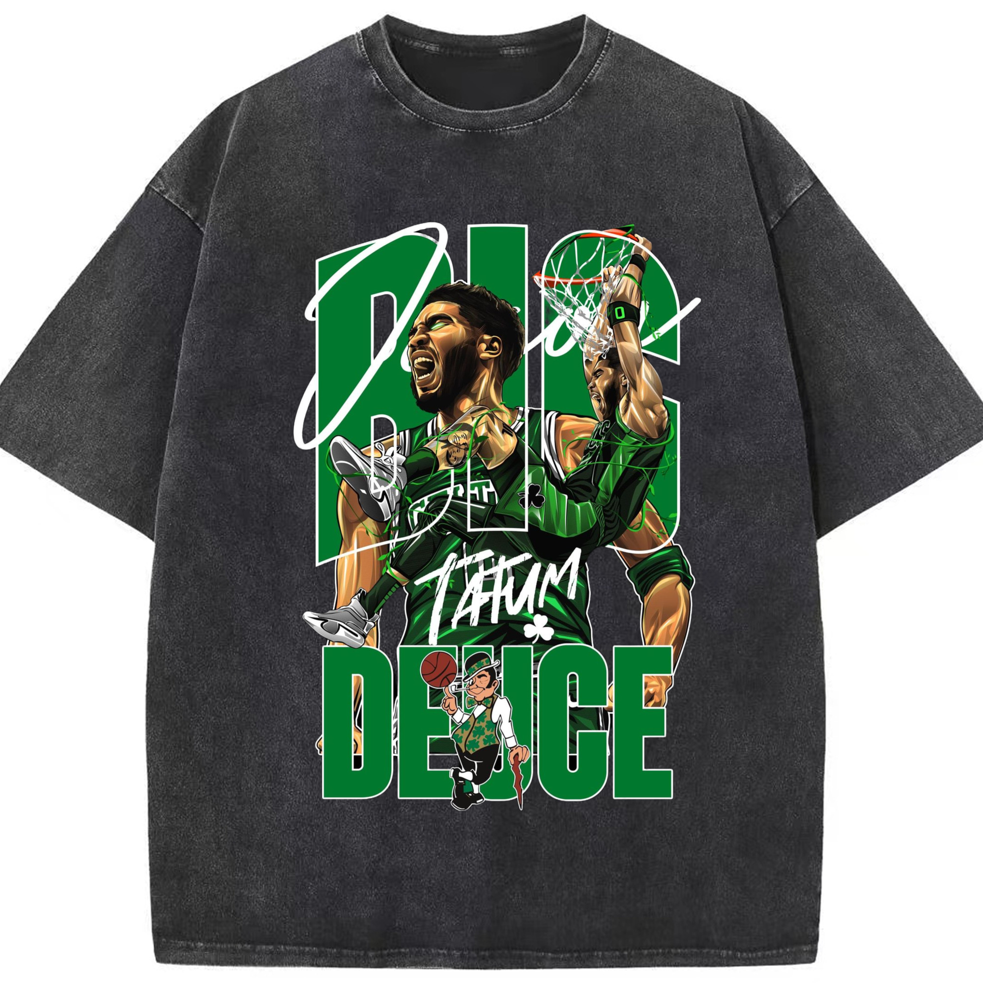Jayson Tatum cartoon collage graphic T-shirt - Washed Vintage Look 230g Cotton Oversized T-Shirt With Front Heat Transfer Print – Soft, Lightweight, Stylish Fit – Comfortable Casual Wear For Sports & Everyday Use