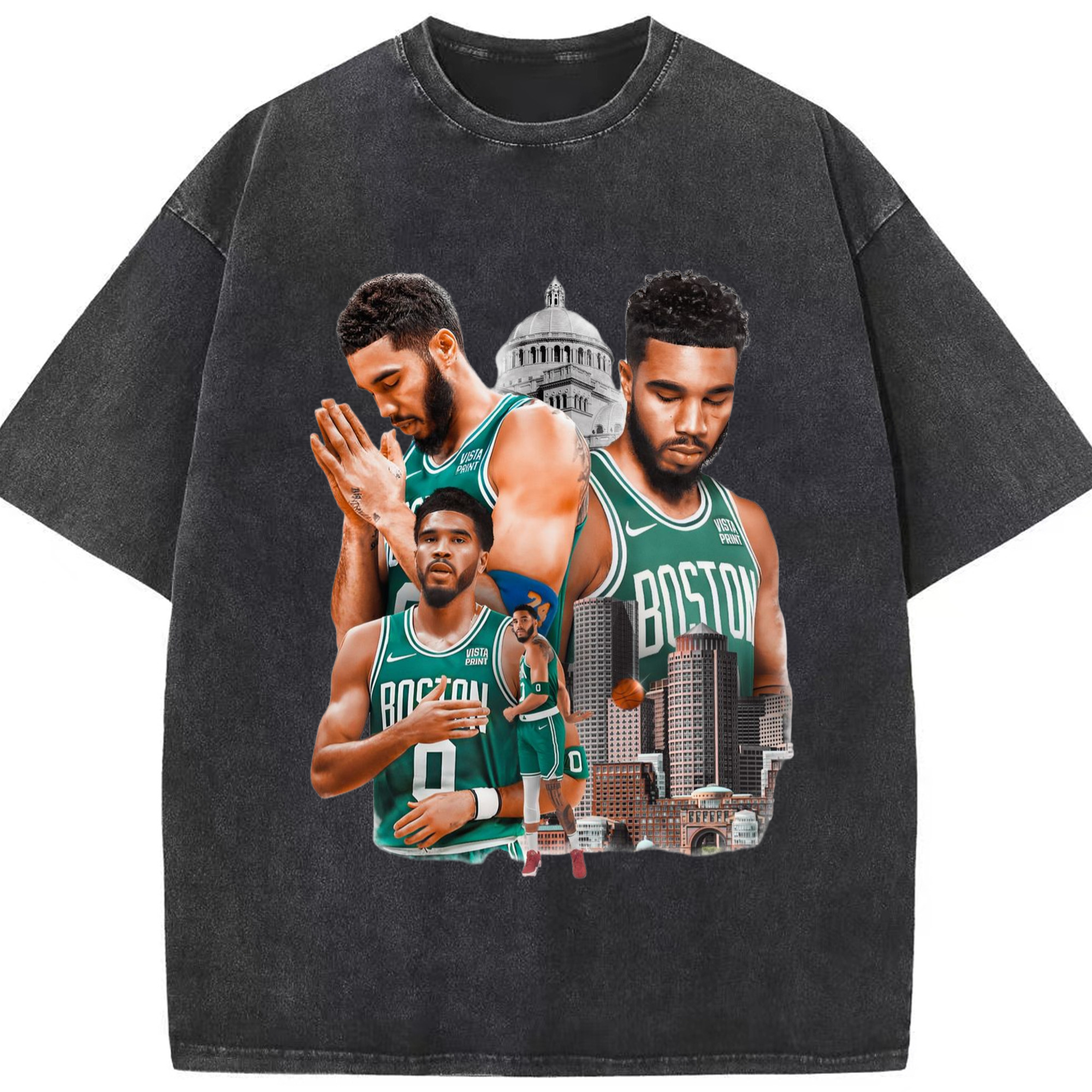 Jayson Tatum Urban Background graphic T-shirt - Washed Vintage Look 230g Cotton Oversized T-Shirt With Front Heat Transfer Print – Soft, Lightweight, Stylish Fit – Comfortable Casual Wear For Sports & Everyday Use