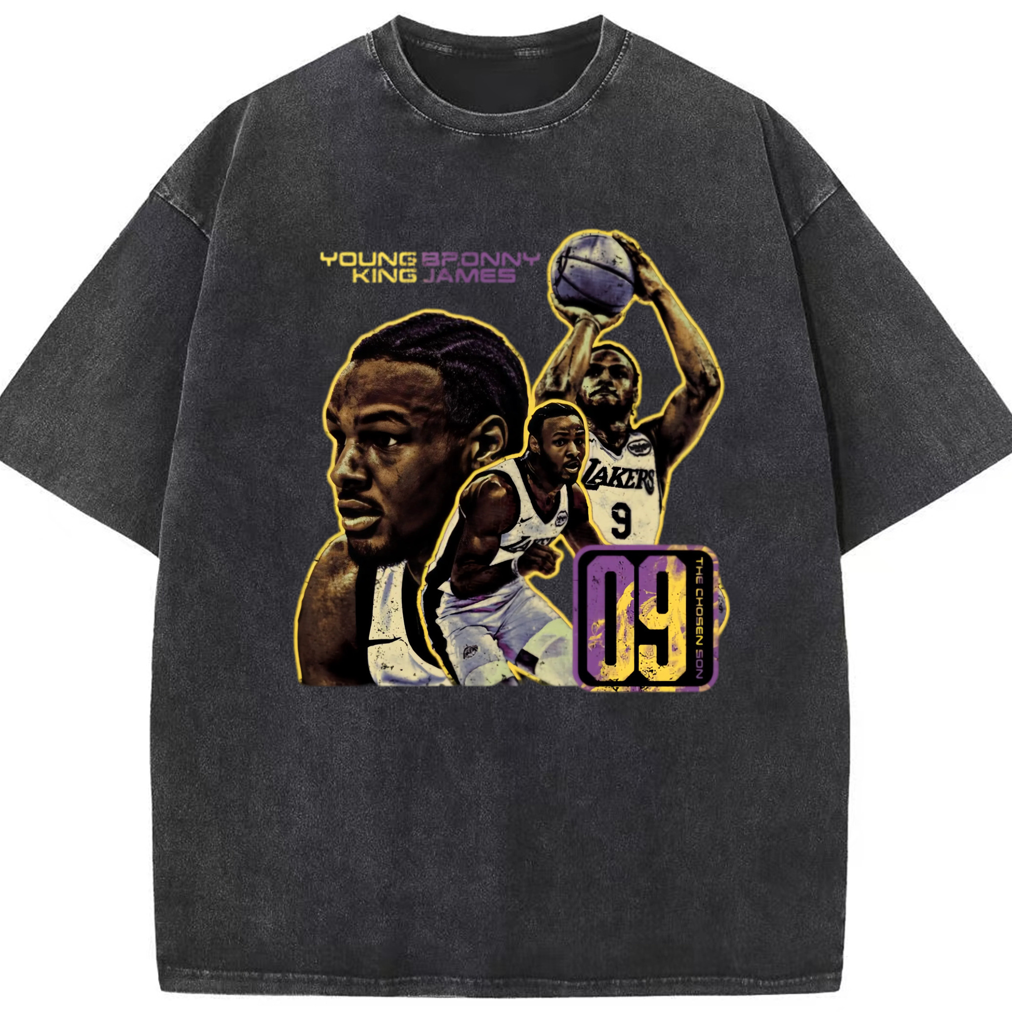 Bronny James #9 Lakers &#039;graphic T-shirt - Washed Vintage Look 230g Cotton Oversized T-Shirt With Front Heat Transfer Print – Soft, Lightweight, Stylish Fit – Comfortable Casual Wear For Sports & Everyday Use