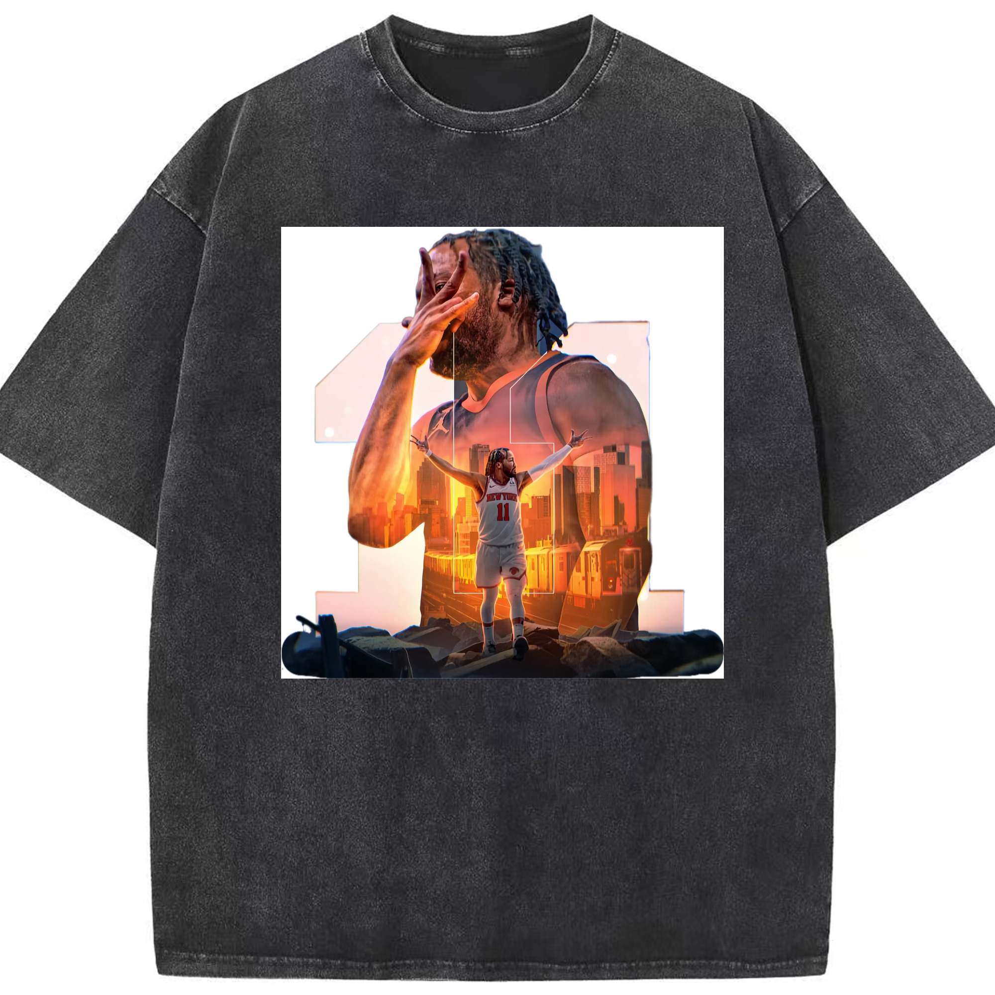 Jalen Brunson #11 Three Point Celebration t-Shirt - Washed Vintage Look 230g Cotton Oversized T-Shirt With Front Heat Transfer Print – Soft, Lightweight, Stylish Fit – Comfortable Casual Wear For Sports & Everyday Use