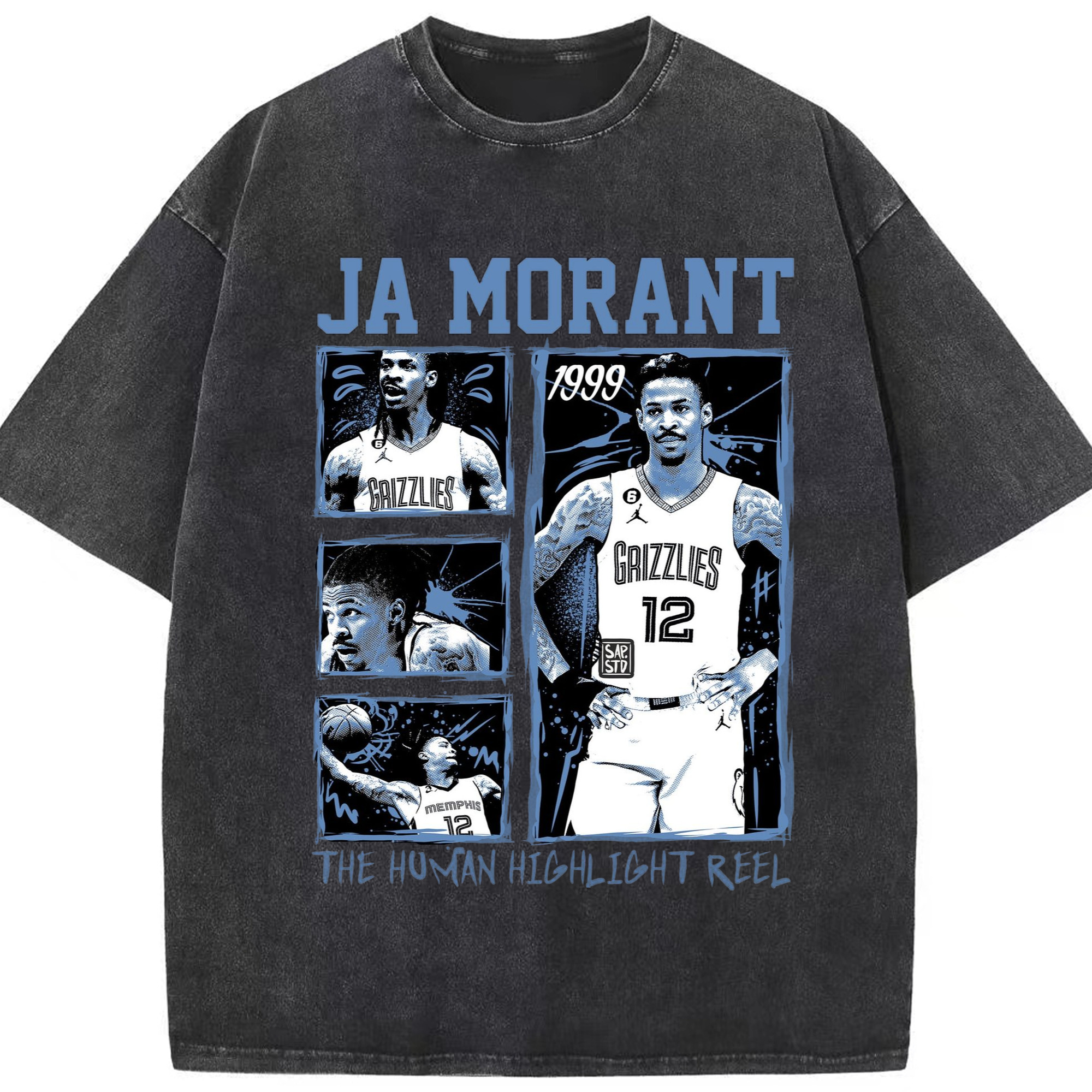 Memphis Grizzlies #12 Ja Morant T-shirt​ - Washed Vintage Look 230g Cotton Oversized T-Shirt With Front Heat Transfer Print – Soft, Lightweight, Stylish Fit – Comfortable Casual Wear For Sports & Everyday Use